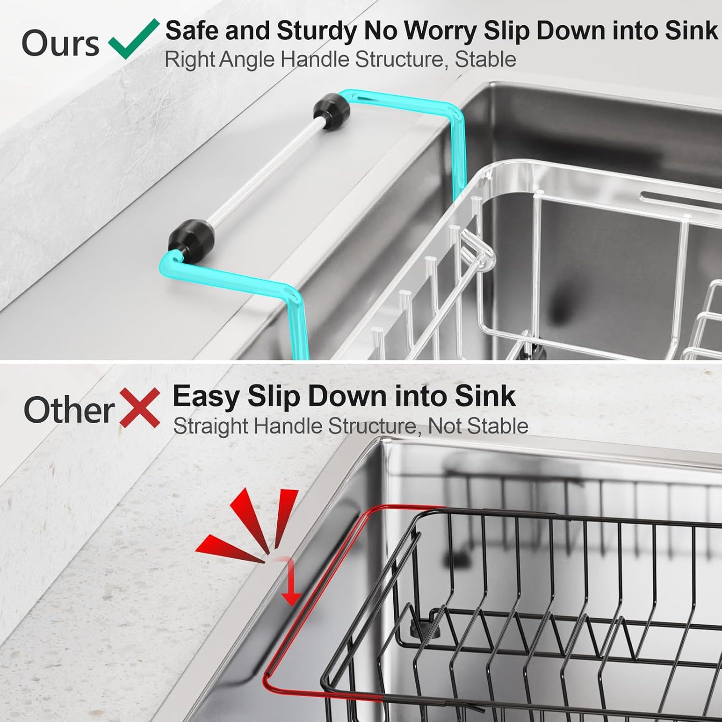 GSlife Expandable in Sink Small Dish Drying Rack - Stainless Steel Capacity Adjustable Over The Sink Dish Rack with Cup Holder (12" -16.8"), Dish Drainer for Kitchen Sink with Utensil Holder, Silver