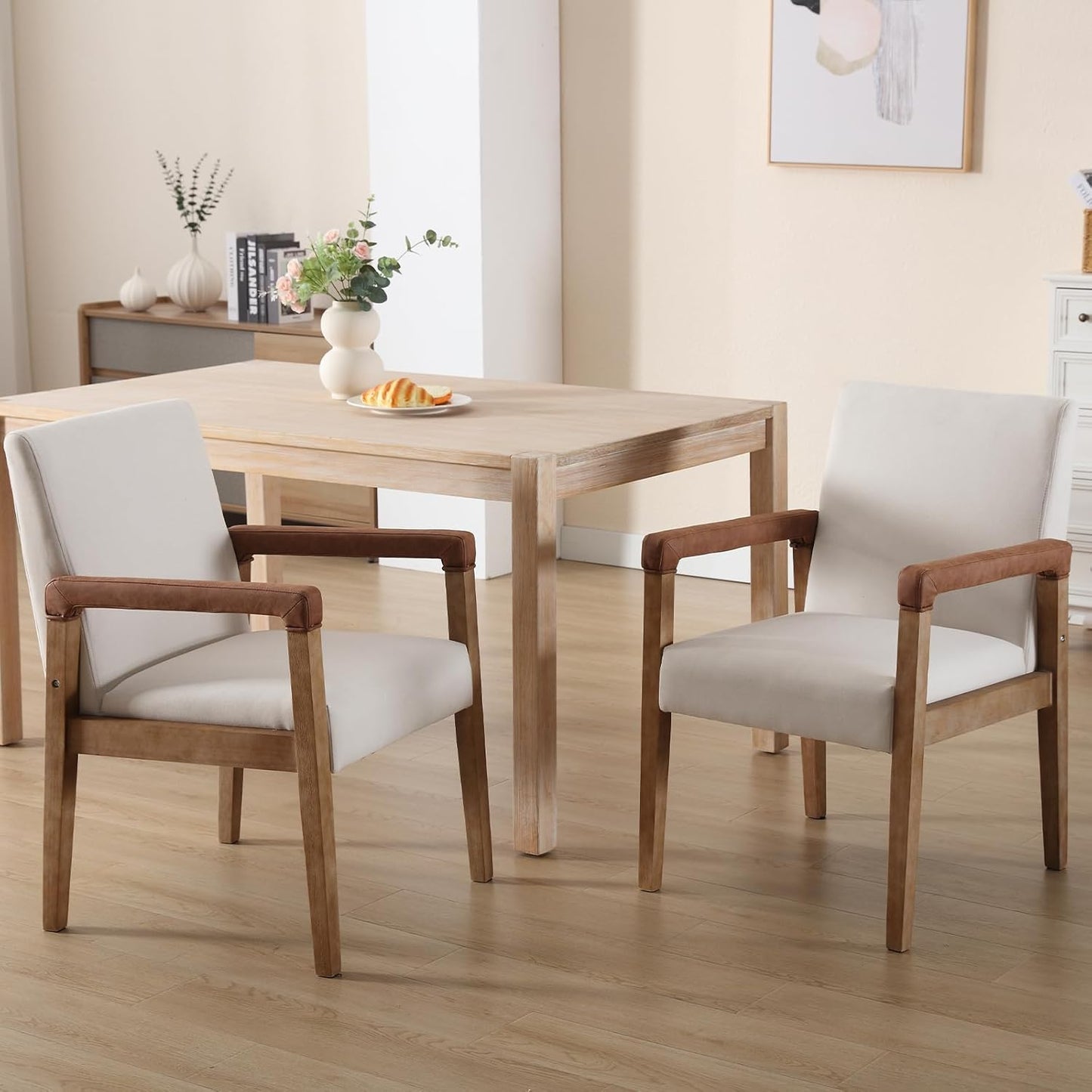 Kmax Modern Dining Chairs Set of 2 Linen Fabric Kitchen Arm Chairs Upholstered Accent Chairs with Wooden Legs for Dining Room, Living Room, Bedroom, White