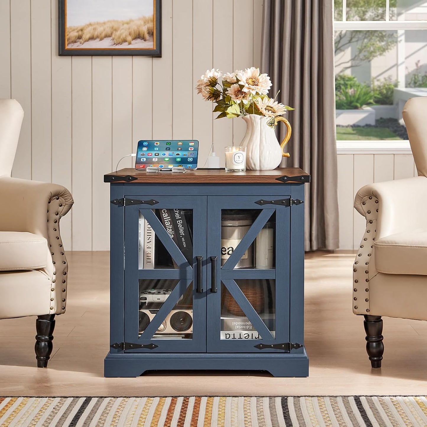 24" End Table with Charging Station, Farmhouse Night Stand with Glass Barn Door, White Nightstands with Adjustable Storage Shelf, Large Wood Square Bed Side Table for Living Room,Bedroom