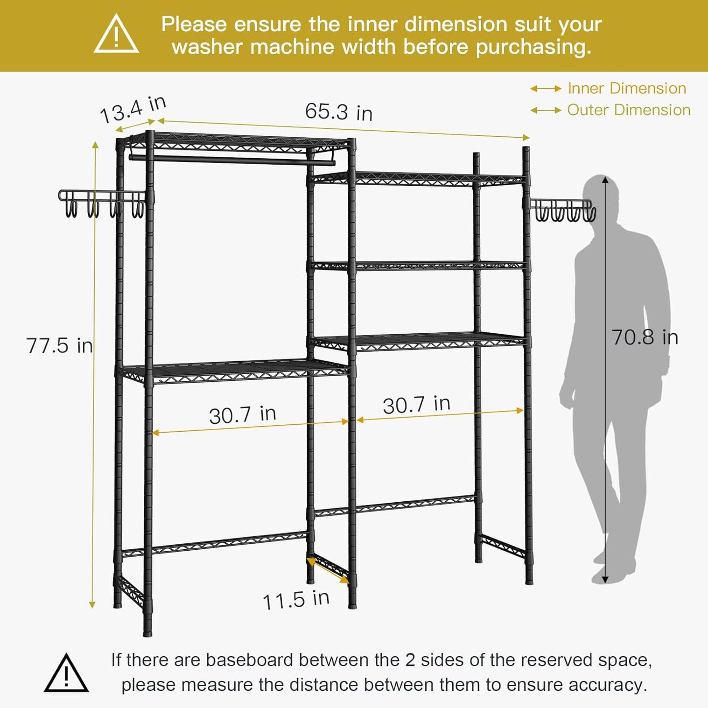 Ulif 65.3" W x 13.4" D x 77.5" H Clothes Drying Rack, 5 Tiers Over Washer and Dryer Laundry Room Storage and Organizer, Heavy-Duty Space Saver, Black