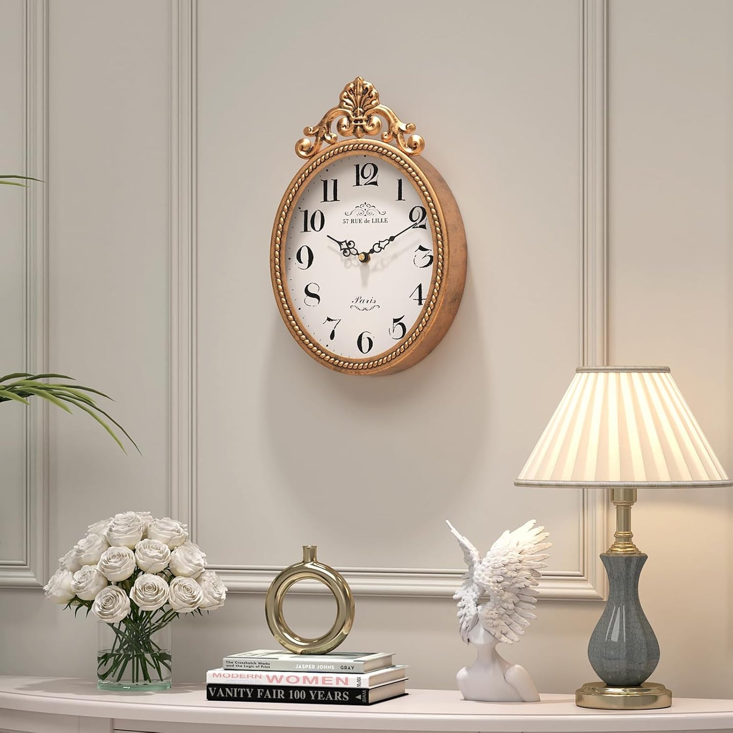Abdurey Small French Retro Decorative Wall Clock, Antique Gold Vintage Oval Style,Silent Battery Operated Boho Decor Wall Clocks for Farmhouse,Kitchen,Bedroom,Bathroom(10.4" H x 6.7" W)