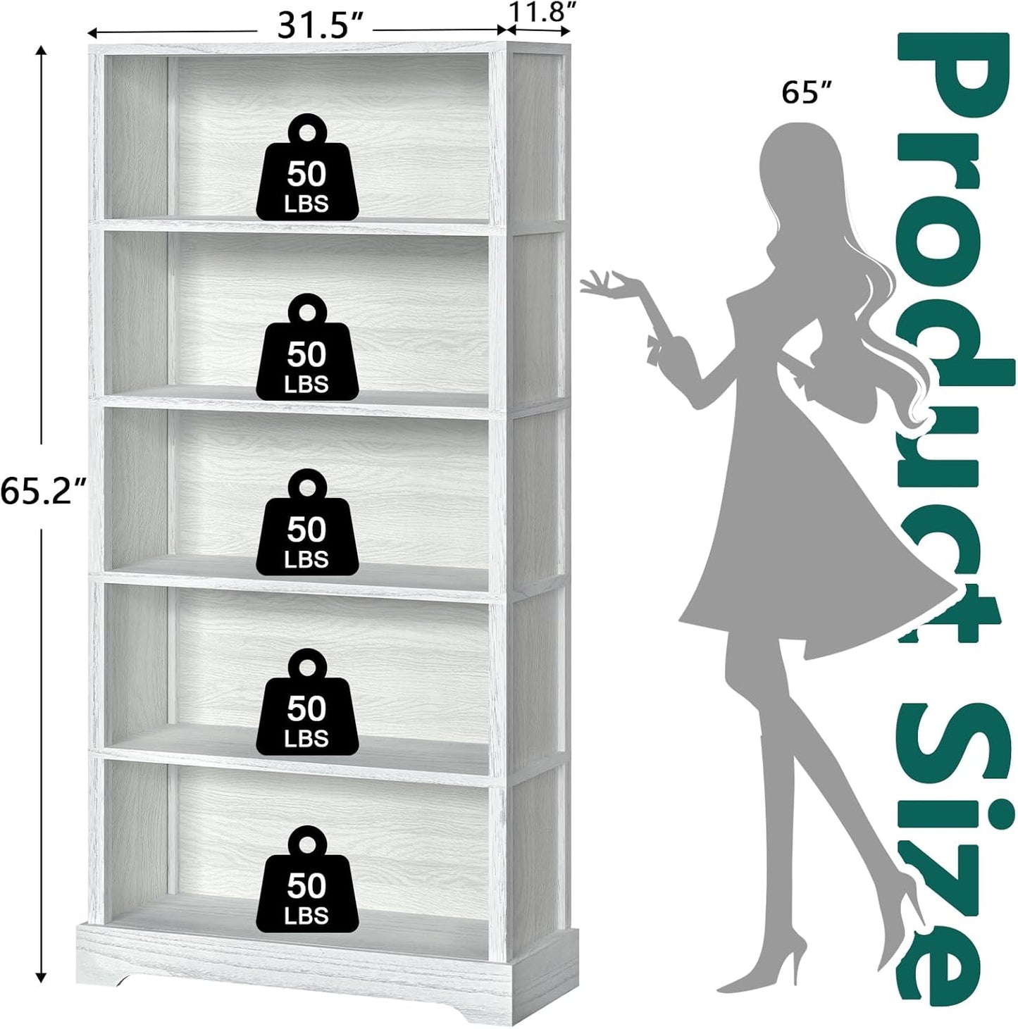 TVU 5-Shelf Wood Bookcase, 65 Inch Tall Bookshelf with Storage, Floor Standing Display Book Shelf，for Living Room Bedroom Study Office，Antique White