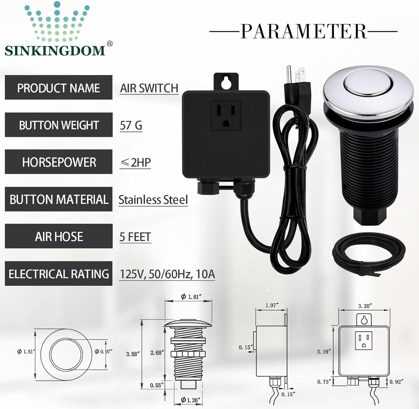 Garbage Disposal SinkTop Air Switch Kit with Long Button,Brass Made Cover,Chrome