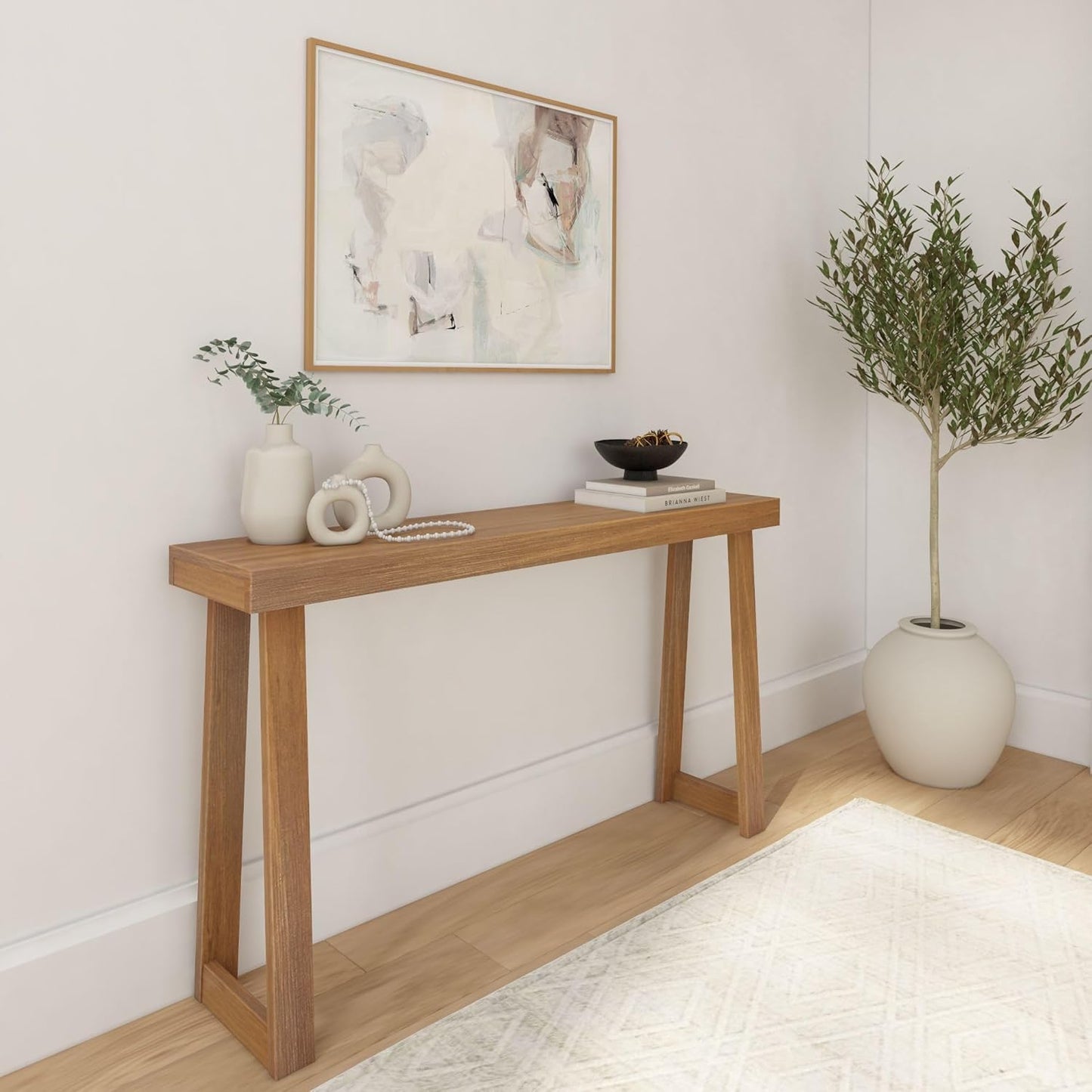 Plank+Beam Solid Wood Console Table, 56 Inch, Sofa Table, Narrow Entryway Table for Hallway, Behind The Couch, Living Room, Foyer, Easy Assembly, Pecan