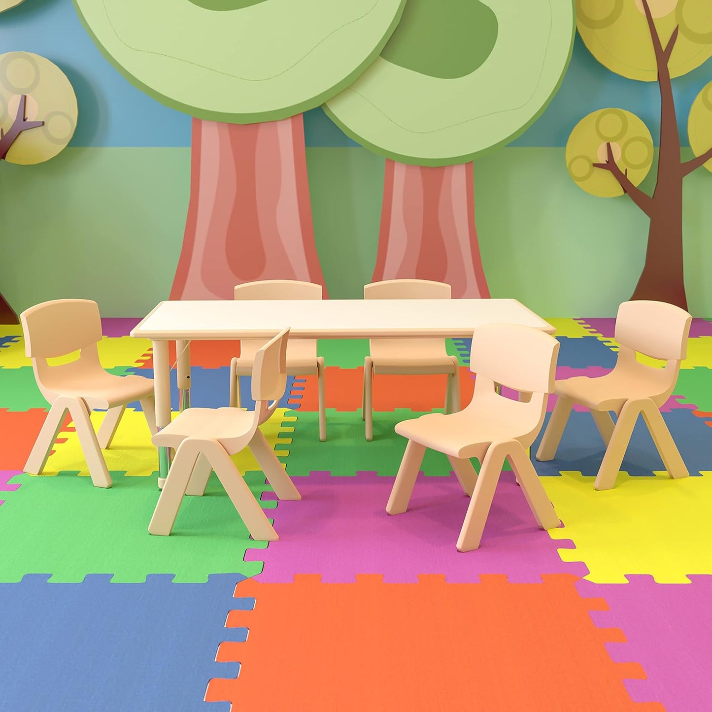 EMMA + OLIVER 23.625" W x 47.25" L Rectangle Natural Plastic Activity Table Set with 6 Chairs