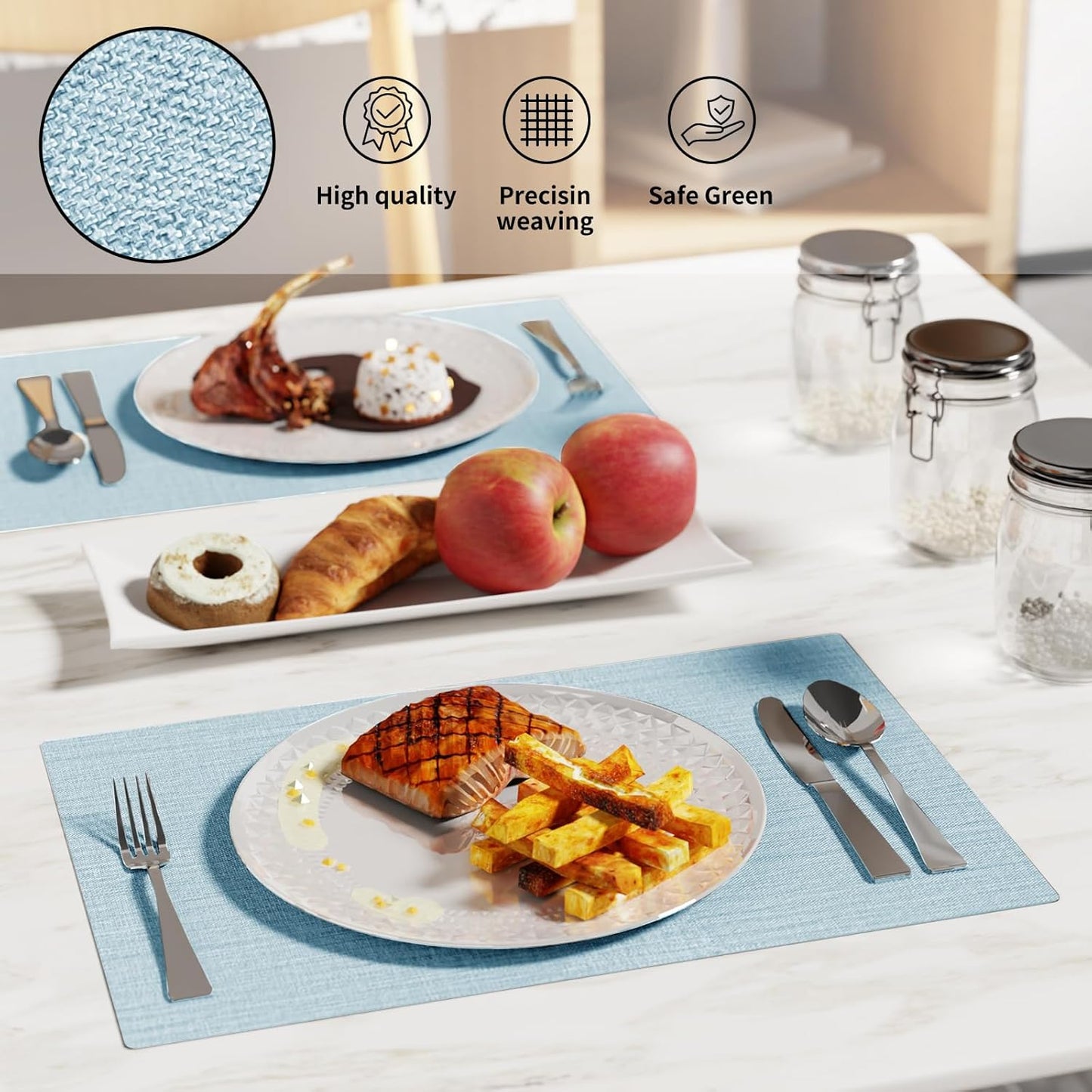 Cloth Placemats, Set of 4 Heat-Resistant Cotton Linen Blend Double Layered Machine Washable Place Mats, Wrinkle Free Thick Fabric Dining Table Mats for Indoors & Outdoors (Sky Blue, 4)