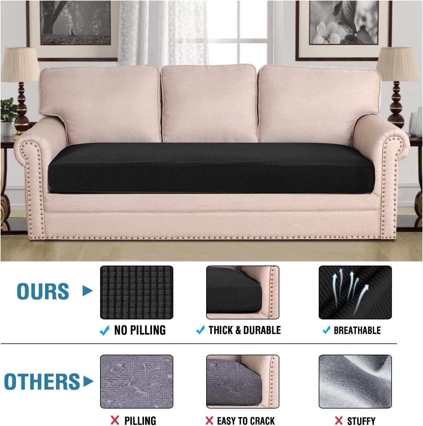 H.VERSAILTEX Super Stretch Individual Seat Cushion Covers Sofa Covers Couch Cushion Covers Slipcover Sets Thick Jacquard Textured Twill Fabric (1 Piece Sofa Cushion Cover, Black)