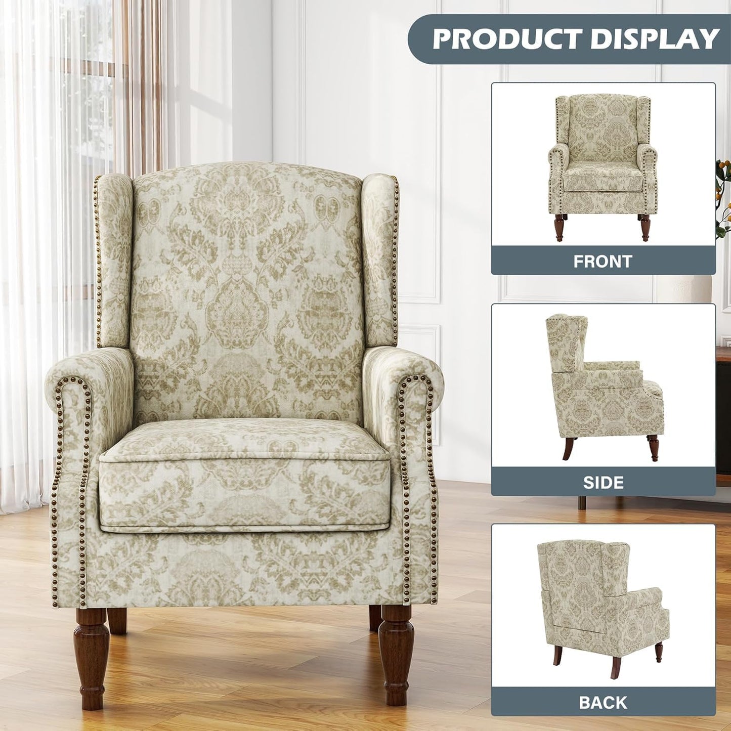 UIXE High Back Floral Accent Chair, Upholstered Armchair in Fabric for Living Room, Retro Wingback Arm Chair Comfy Single Sofa Bedroom Reading Seat with Solid Wood Legs, White
