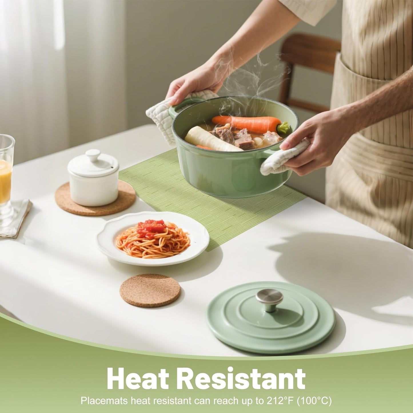Placemats Set of 12，Non-Slip PVC Weave Table Mats Easy to Clean，Heat Resistant Place Mats for Kitchen Dining Table Decoration Indoor Outdoor，Pea Green