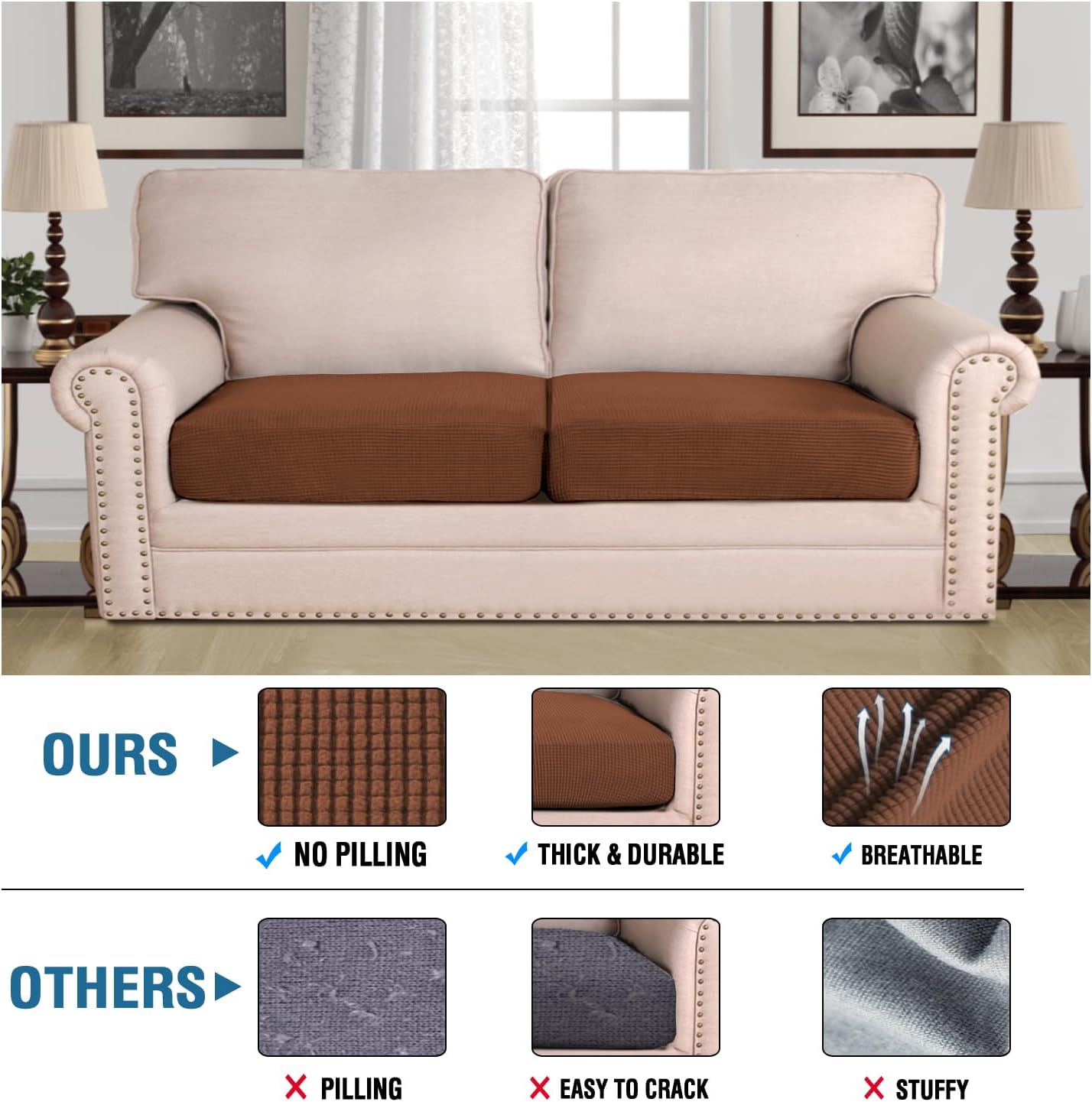 H.VERSAILTEX Super Stretch Individual Seat & Couch Cover Sets - Thick Jacquard Textured Twill Fabric (2 Piece Large Sofa Cushion Covers, Caramel)
