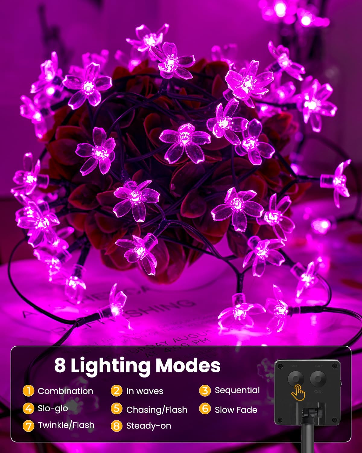 Brightown 2 Pack Total 52FT 120 LED Flower Solar String Lights Outdoor Waterproof Fairy Lights for Garden Yard Fence Patio Christmas Tree Wedding Party Decor, Pink