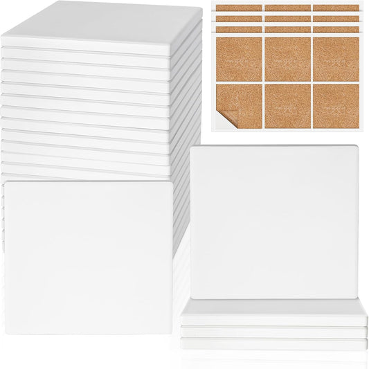 Ceramic Tiles for Crafts, GOH DODD 24 Pack Unglazed Blank Coasters with Cork Backing for Halloween Christmas Alcohol Ink Painting Acrylic Pouring Art Projects Gifts Wedding, Square, 4 Inch, White