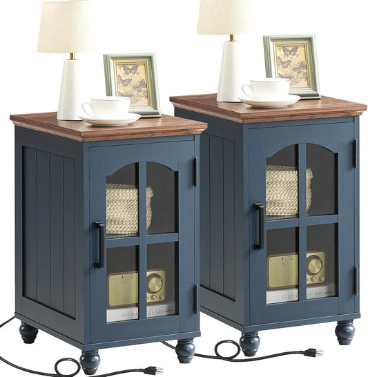 Narrow Side Table Set of 2,Farmhouse Nightstand with Charging Station,End Table with Glass Barn Door Storage, Cabinet Organizer with Adjustable Shelf, Night Stand for Small Spaces Living Room Bedroom