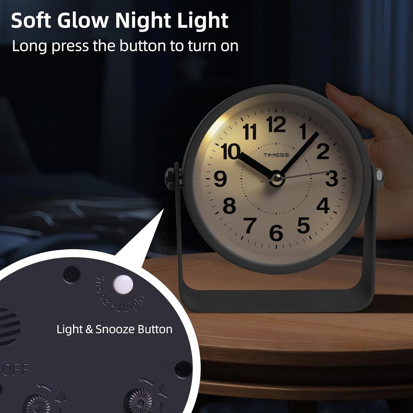 Analog Alarm Clock, Silent Non-Ticking Quartz Movement, Battery-Operated with Snooze & On-Demand Light, Easy to Set Gentle Wake Bedside Desk Clock, Ideal for Home, Travel, Office (Gray)
