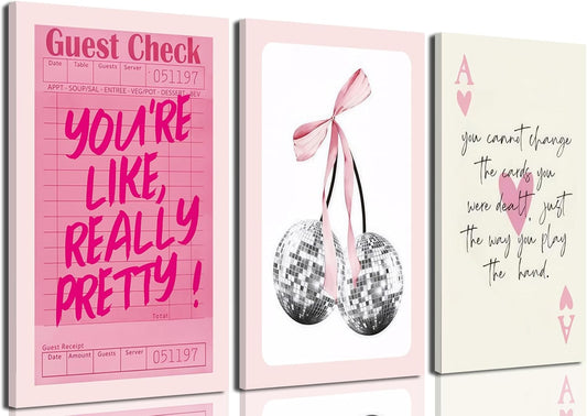 Pink Preppy Wall Art Framed Set of 3 Trendy Coquette Disco Cherry Posters Retro Guest Check Canvas Prints Poker Painting Positive Quote Pictures Room Decor Aesthetic for Girls Bedroom Dorm 16x24in