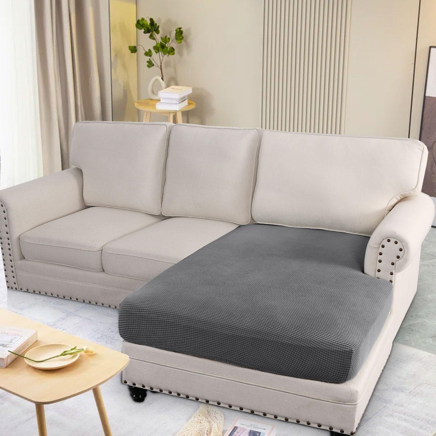 H.VERSAILTEX Super Stretch Individual Chaise Cover Sectional Couch Covers for L Shaped Sofa Both Left/Right Featuring Thick Jacquard Textured Twill Fabric (1 Piece Chaise Cover Large, Grey)