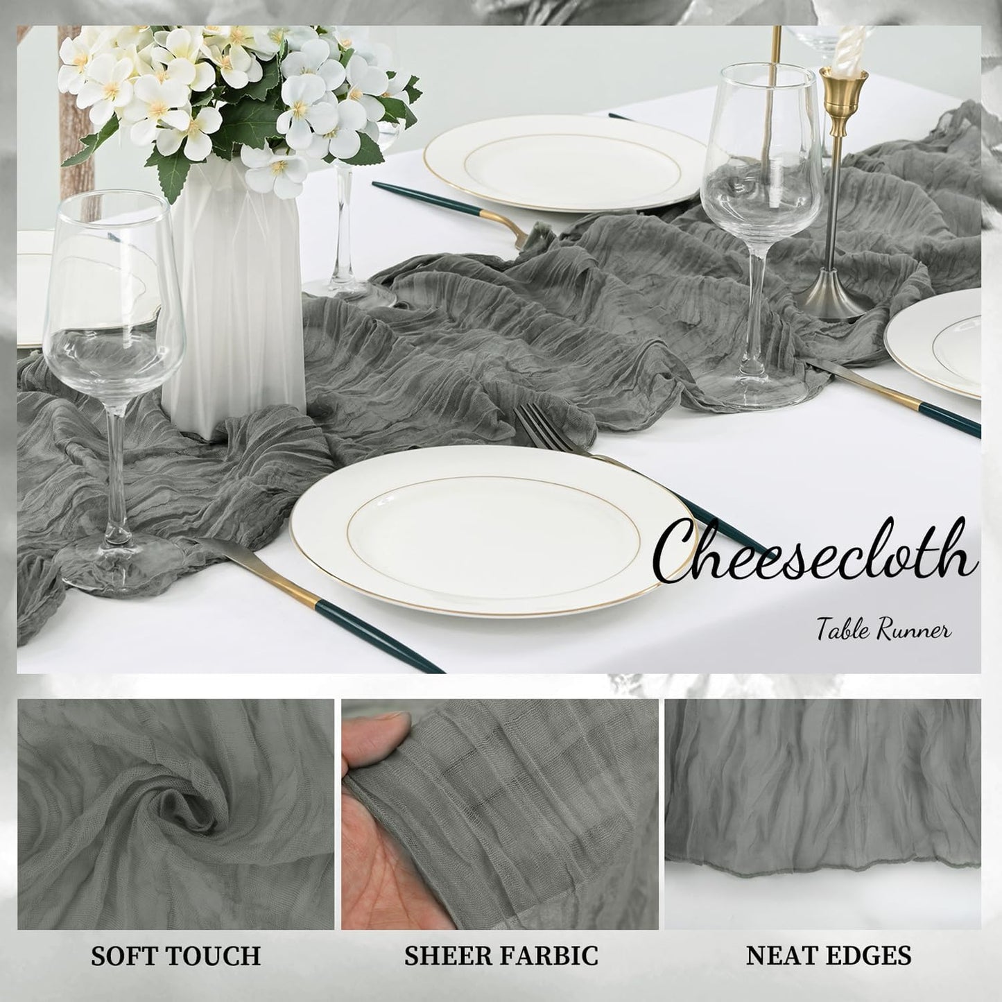 20 Pack Gray 10FT Cheesecloth Table Runner Rustic Gauze Fabric Cheese Cloth Table Runner for Wedding Bridal Baby Shower Table Decor 20 x 120 Inch Long Boho Sheer Birthday Party Table Decorations