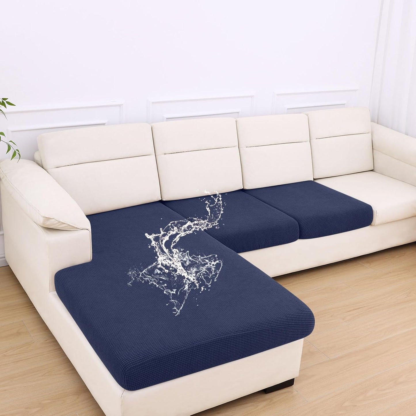 hyha Waterproof Couch Cushion Covers for Pets, Non Slip Sofa Seat Cover for Dogs Washable, Soft Thick Stretch Jacquard Fabric, Sofa Slipcovers with Elastic Bottom (1 Chaise+2 Seater, Navy)