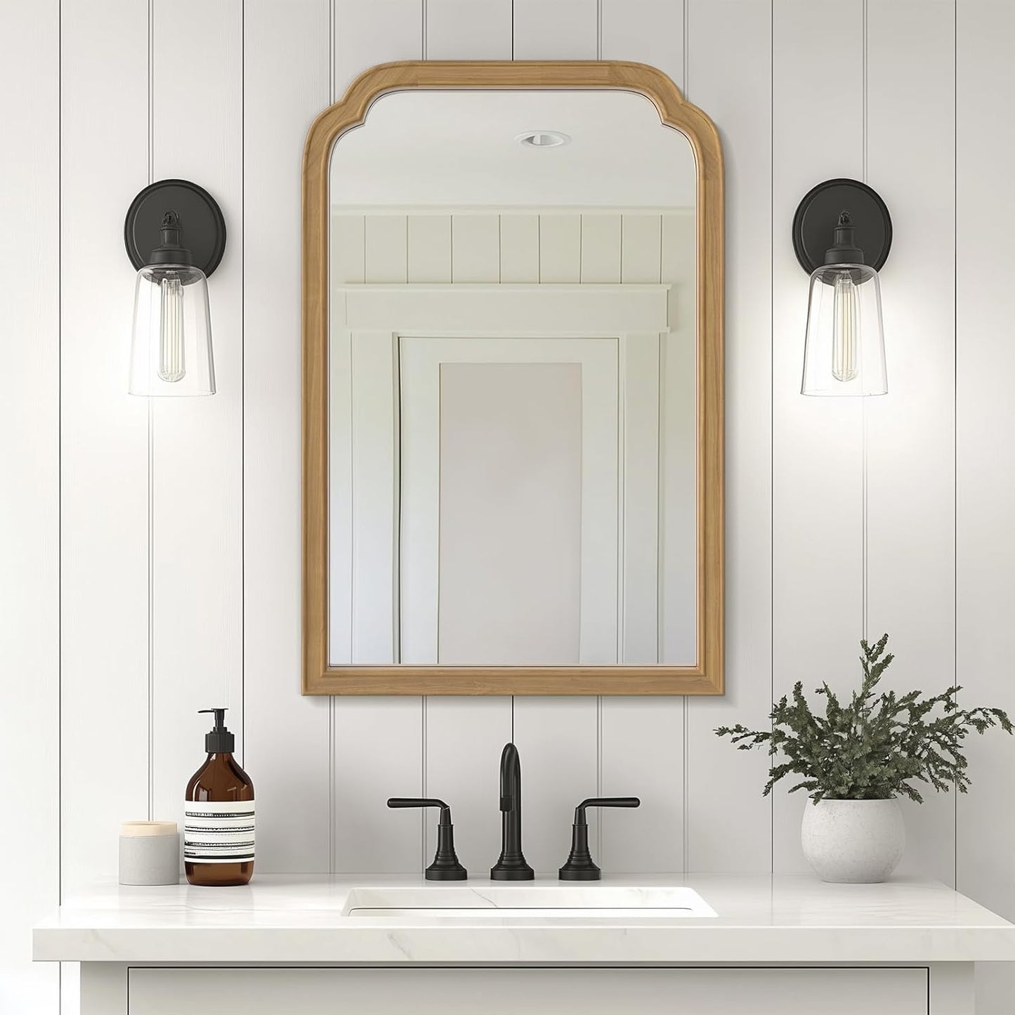 WallBeyond Wood Frame Wall Mirror Rounded Corner Arch Rectangle Mirror for Entryway, Living Room or Bedroom Home Decor - Light Woodgrain [20" x 30" Natural Color]