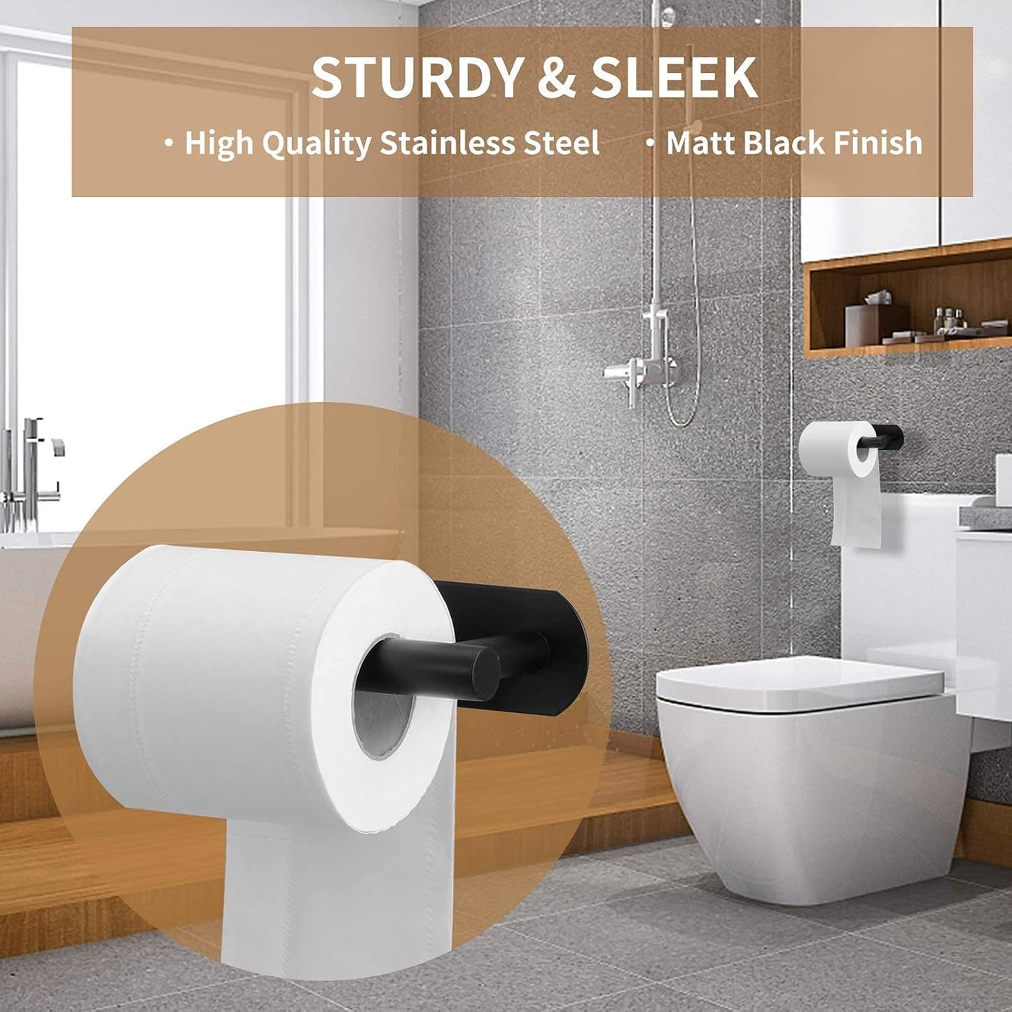 Toilet Paper Holder,Adhesive,Matt Black,Wall Mount,Toilet Paper Roll Holder,no Drilling,Bathroom/Rv/Washroom, SUS 304 Stainless Steel, Rustproof (Black, 1 Piece)