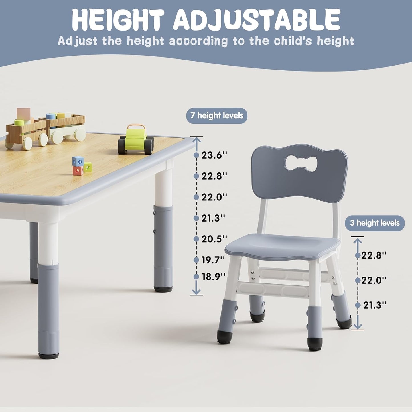 Brelley Kids Table and 4 Chairs Set, Height Adjustable Toddler Desk and Chair Set, Graffiti Desktop, Non-Slip Legs, Max 300lbs, Children Multi-Activity Table for Ages 2-8