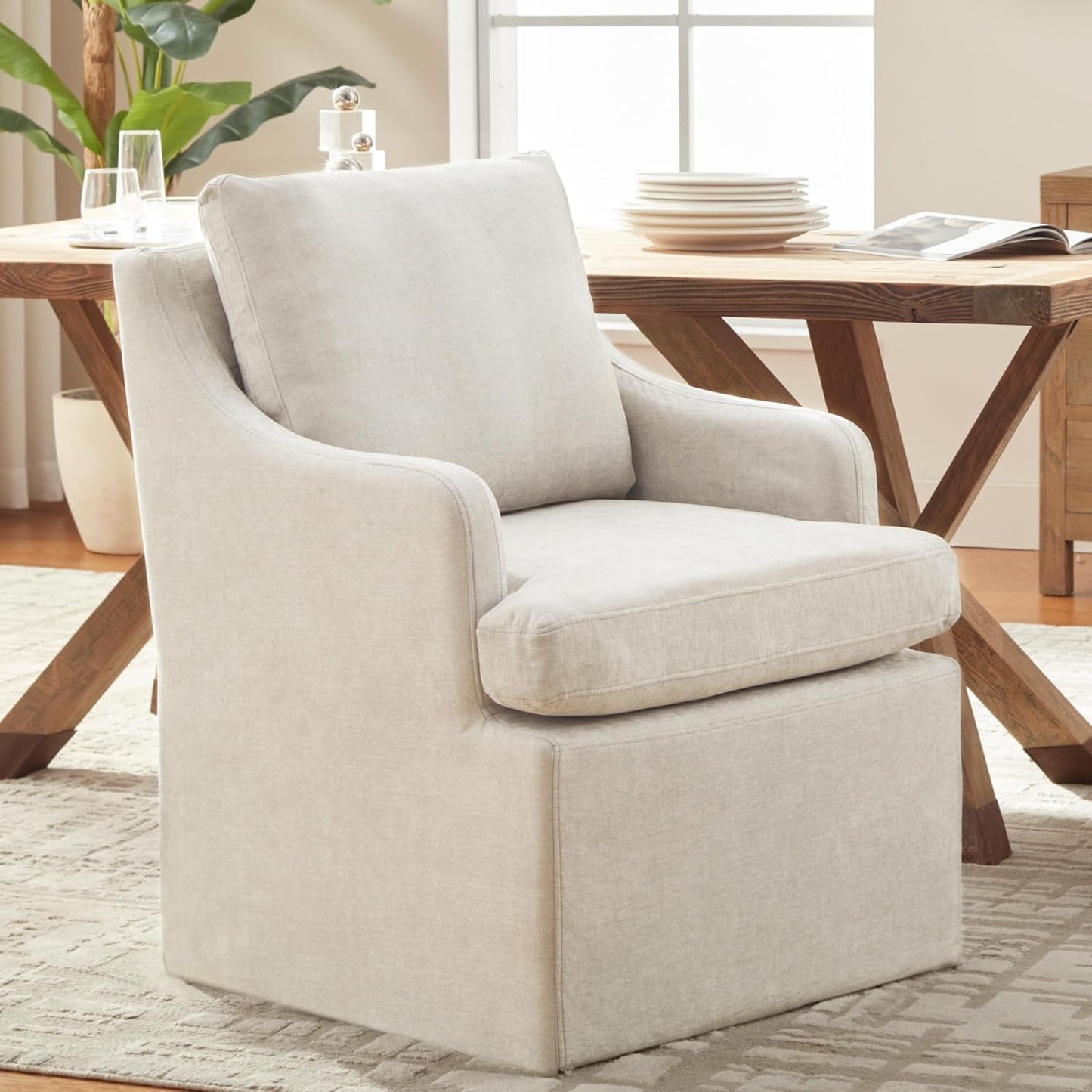 VKNOW Upholstered Dining Chairs, Modern Kitchen Chairs Dinner Chairs with 4 Casters, Linen Armchair for Bedroom Reading Room Living Room, Beige