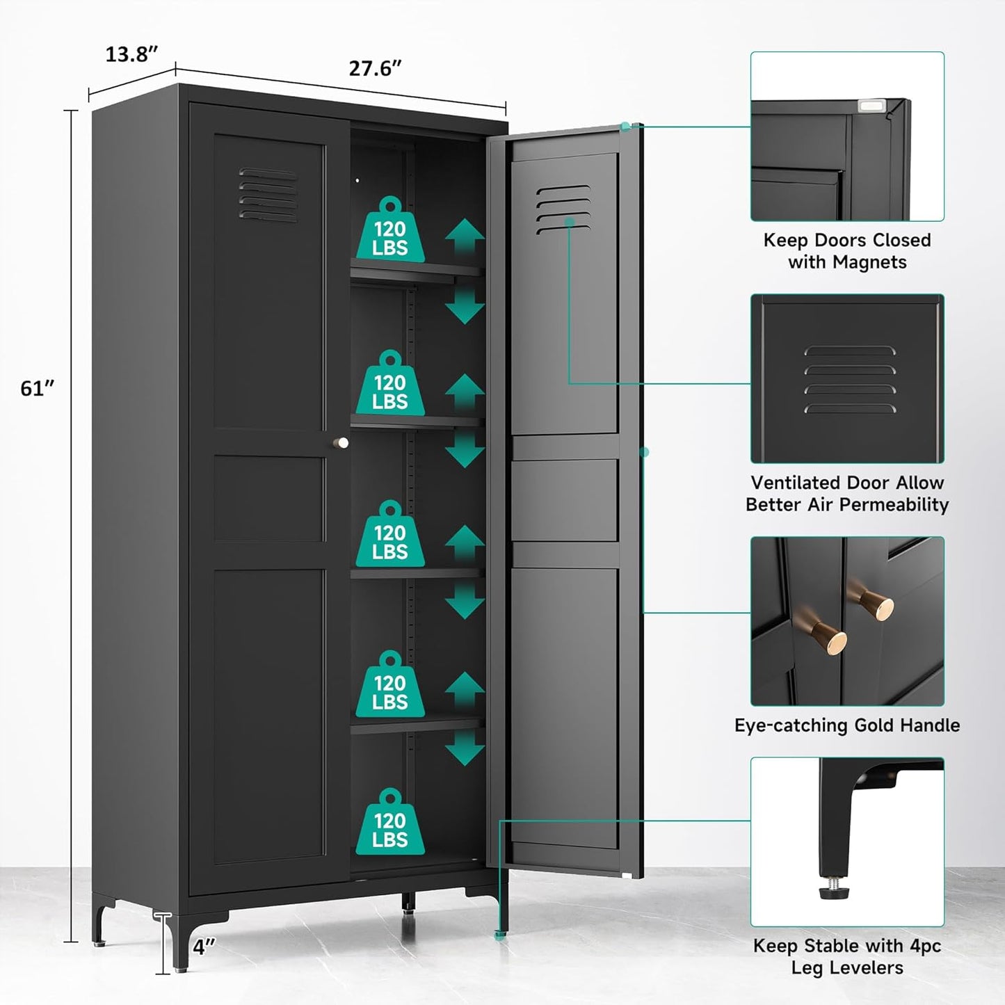 Metal Storage Cabinet with Doors and Shelves,Black Storage Cabinet with Leg,Metal Pantry Cabinets,Ventilated Pantry Closet,Tall Large Cupboard for Home,Kitchen,Dining/Living/Laundry Room