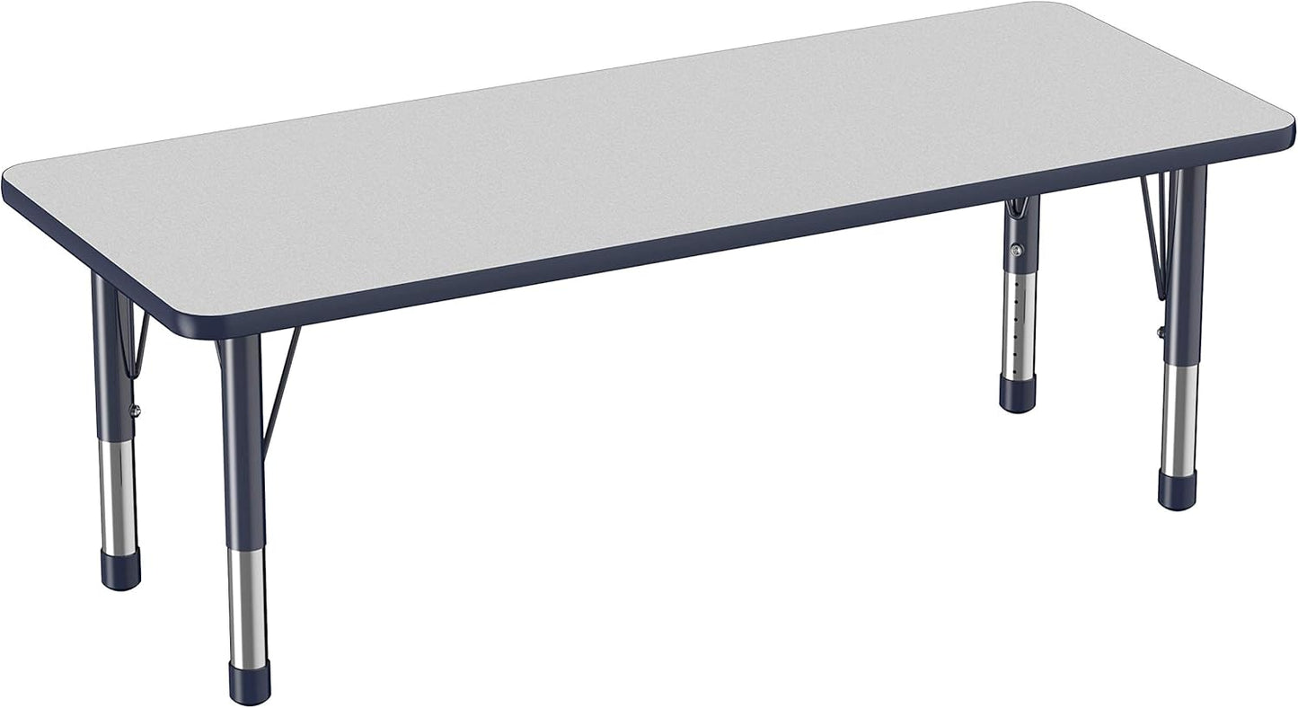 Factory Direct Partners FDP Rectangle Activity School and Classroom Kids Table (24 x 60 inch), Chunky Toddler Legs, Adjustable Height 15-24 inches - Gray Top and Navy Edge