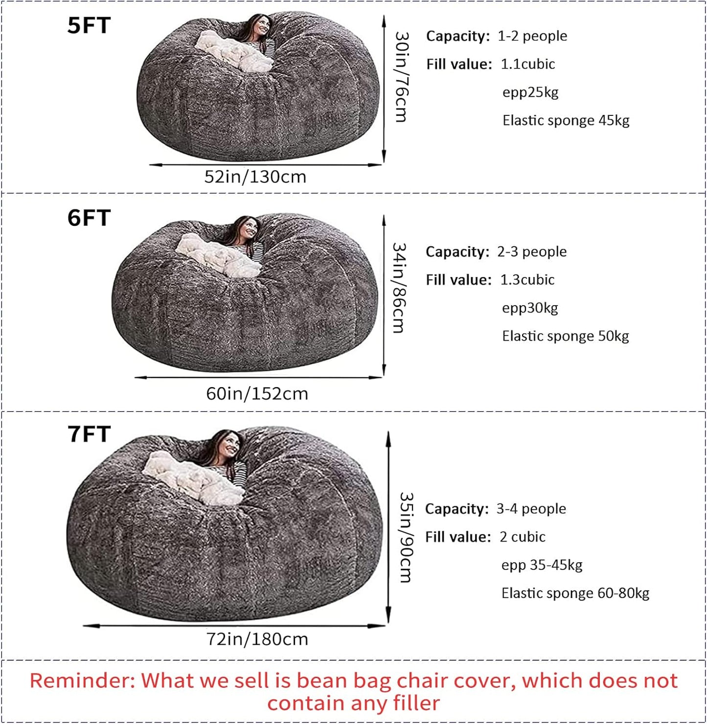 Big Huge Giant Bean Bag Chair for Adults, (No Filler) Bean Bag Chairs in Multiple Sizes and Colors Giant Foam-Filled Furniture - Machine Washable Covers, Double Stitched Seams (Peacock Blue,5FT)