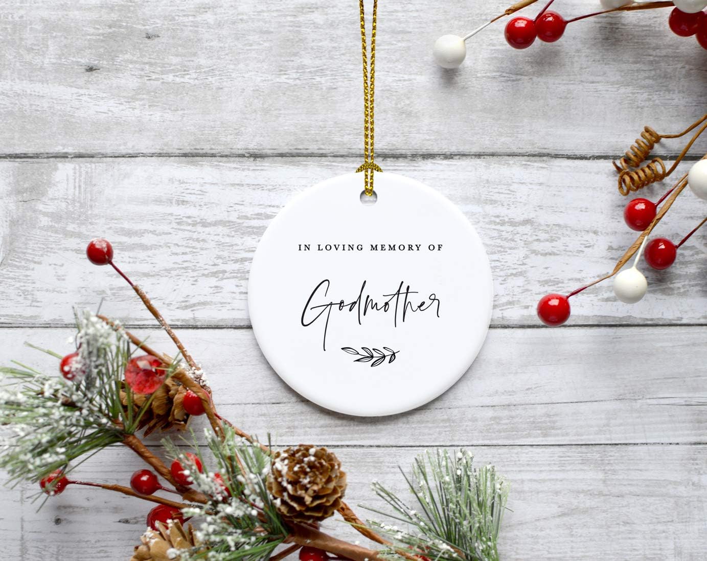 Andaz Press Round Ceramic Porcelain Christmas Tree Ornament Keepsake Collectible Godmother Bereavement Memorial Gift, in Loving Memory of My Godmother, 1-Pack