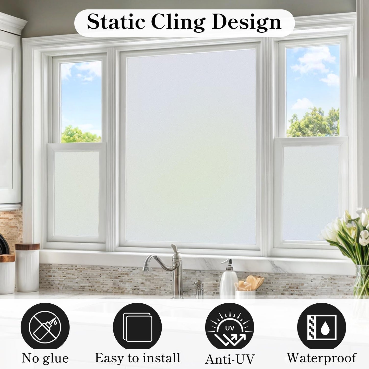 DUOFIRE Privacy Window Film Frosted Glass Film Matte White Static Cling Glass Film No Glue Anti-UV Window Sticker Non Adhesive for Privacy Office Meeting Room Bathroom Living Room DS001W 45.2x78.7in