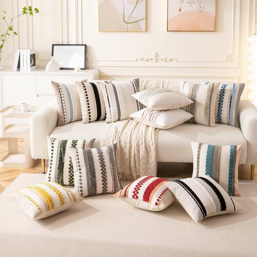 Boho Throw Pillow Covers 18x18 Set of 2 Farmhouse Decorative Cushion Case Striped Square Pillows Cover Chenille Pillow Cases Accent Neutral Pillowcase for Sofa Couch Bed,Orange-Blue