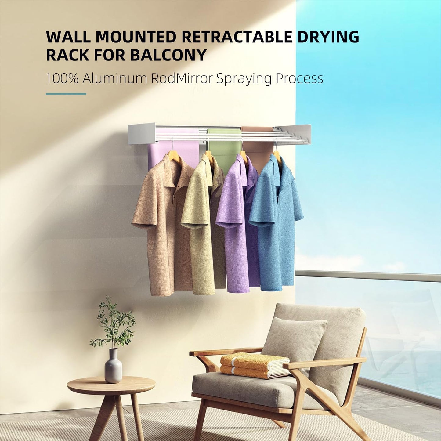 Laundry Drying Rack Collapsible, Wall Mounted Clothes Drying Rack, Space Saving Drying Rack for Laundry, 40" Wide, 16.5 Linear Ft, 5 Aluminum Rods, 60 lb Capacity (White 40")