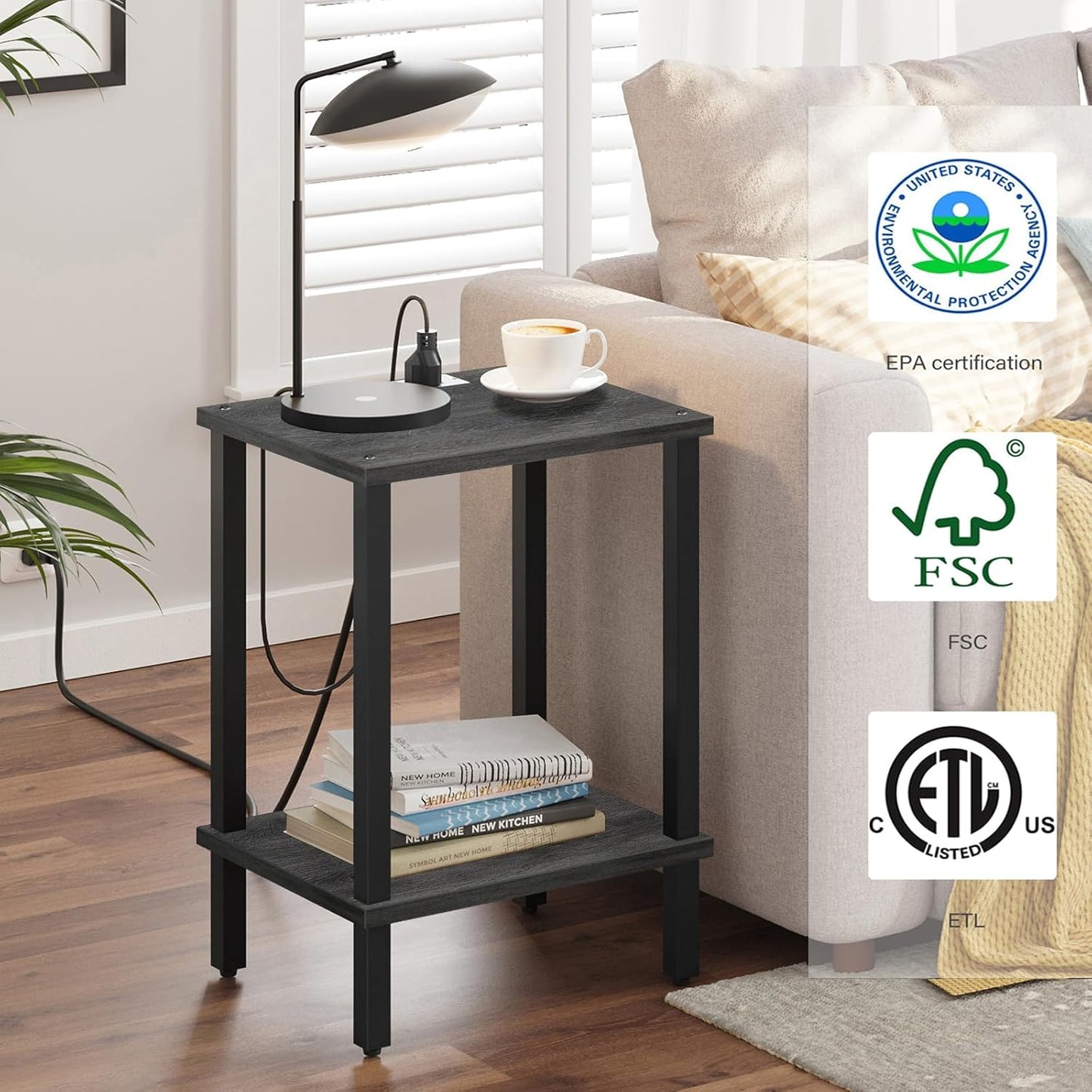 TUTOTAK End Table with Charging Station, Set of 2, Small Side Table, Nightstand Bedside Table, 2-Tier Storage Shelf for Small Space, Living Room, Bedroom Charcoal Grey TB01BY041