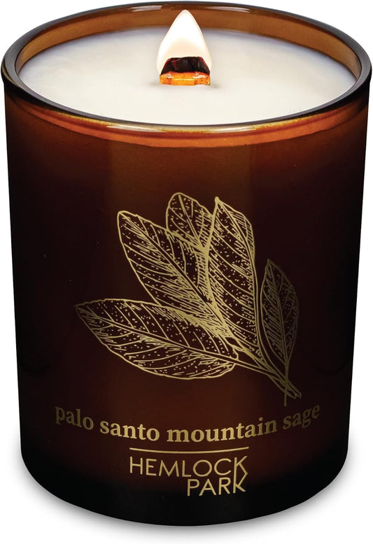 Hemlock Park Wood Wick Candle Handcrafted with Natural Coconut Wax and Essential Oils (Amber & Gold 7.2 oz, Palo Santo Mountain Sage)