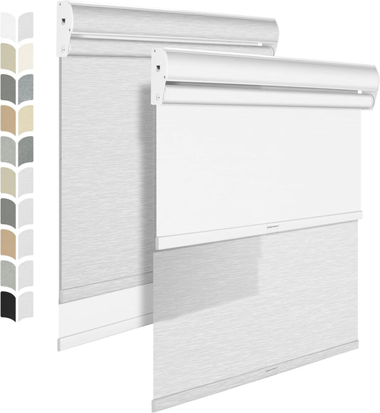 BERISSA Cordless Dual Roller Shades with Cassette Valance, Double Window Shades - Blackout and Light Filtering, Day and Night for Home Office Door. Striped Jacquard White. 32 W x 48" H