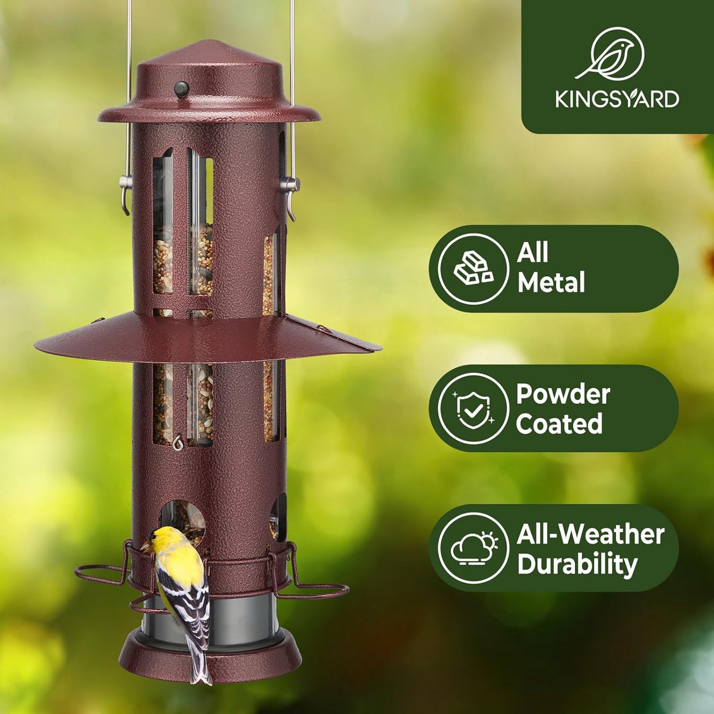 Kingsyard Squirrel Proof Bird Feeder with Removable Base, All Metal, Tube Bird Feeders for Outdoors Hanging, Easy to Clean & Refill, Antique Copper