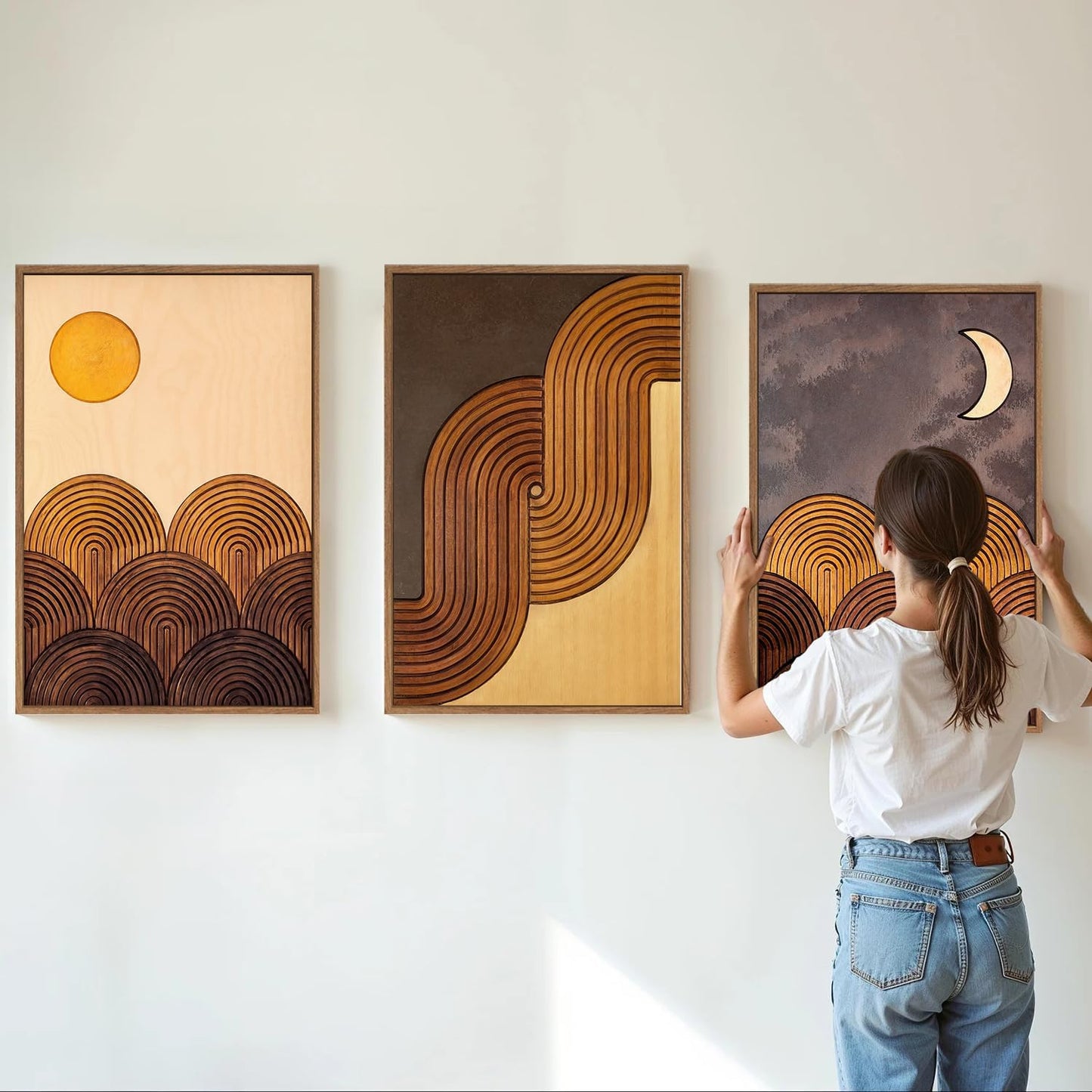 Tinonedraw Boho Mountain Framed Canvas Wall Art Set, Mid Century Modern Geometric Line Wall Decor, Bohemian Sun and Moon Art Paintings, Beige Brown Wooden Artwork for Living Room Bedroom Office 16"x24"x3
