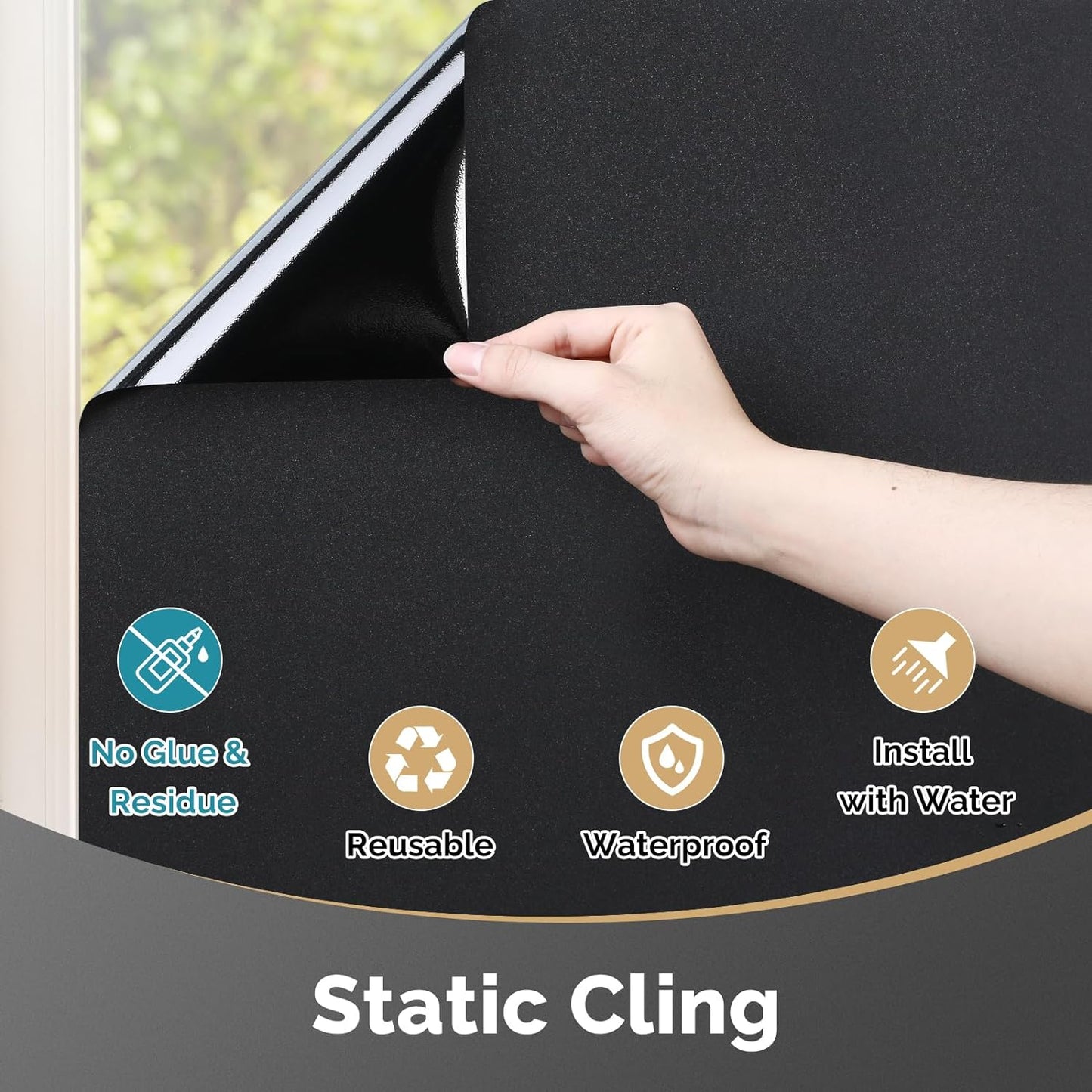 DOWELL Blackout Window Film, 100% Light Sun Blocking Static Cling Frosted Privacy Film for Glass, Heat Control Removable Window Tint, Room Darkening Cover for Day Sleep, Black, 23.6" x 157.5"