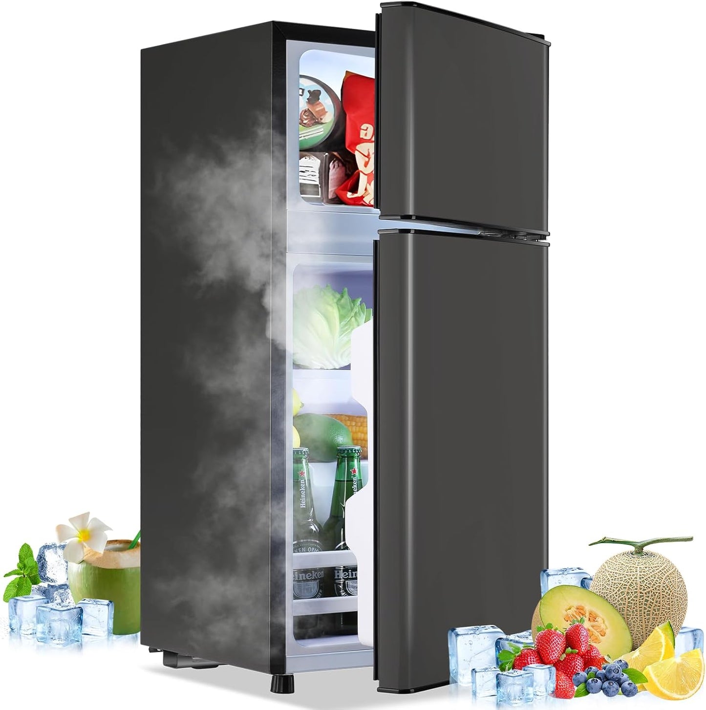 2.4 Cu.ft Mini Fridge with Freezer Compact Fridge Refrigerator Dual Door Small Fridge Senven Temp Gear Removable Shelves Dark Grey