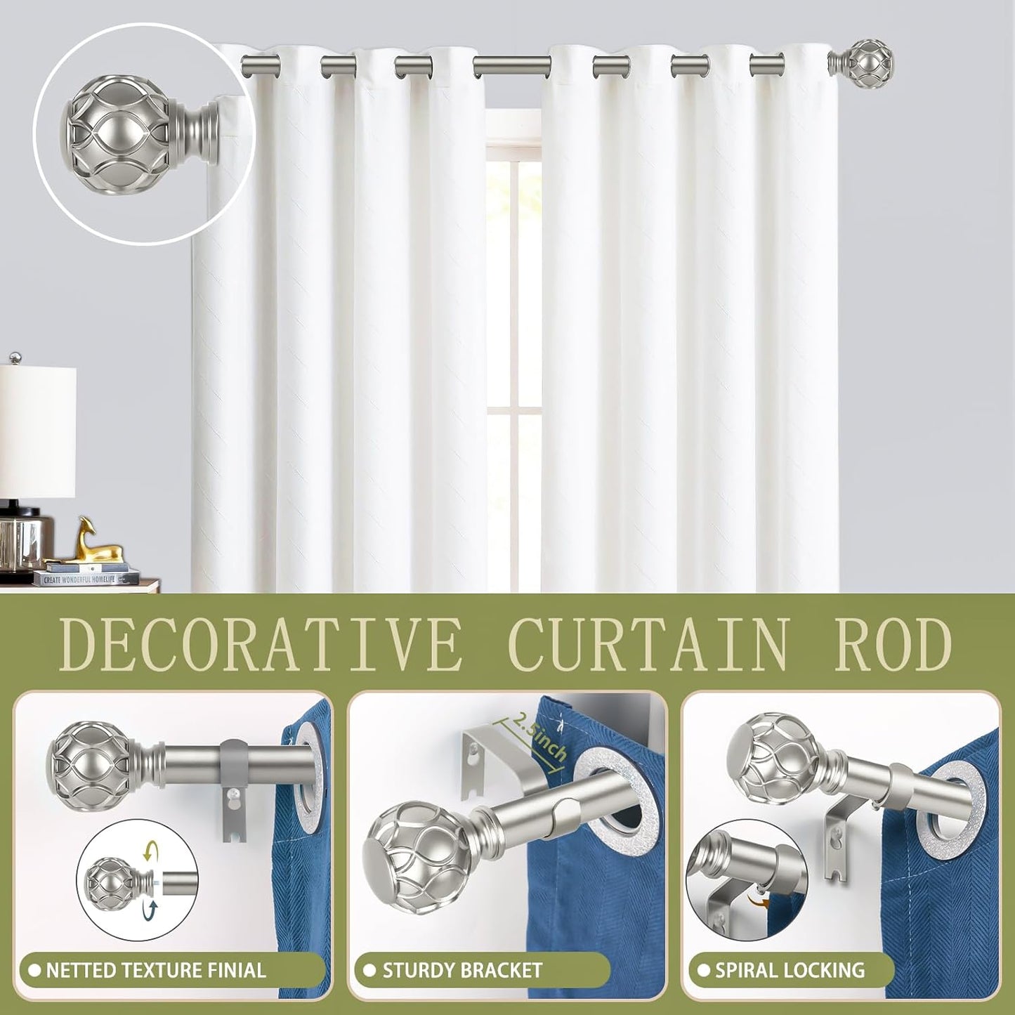 Silver Farmhouse Curtain Rods for Windows:Heavy Duty Adjustable Curtain Rod for Bedroom Living Room,Boho Decorative Rustic Drapery Rods with Vintage Coastal Finial,Antique Silver 2 Pack 18-45"