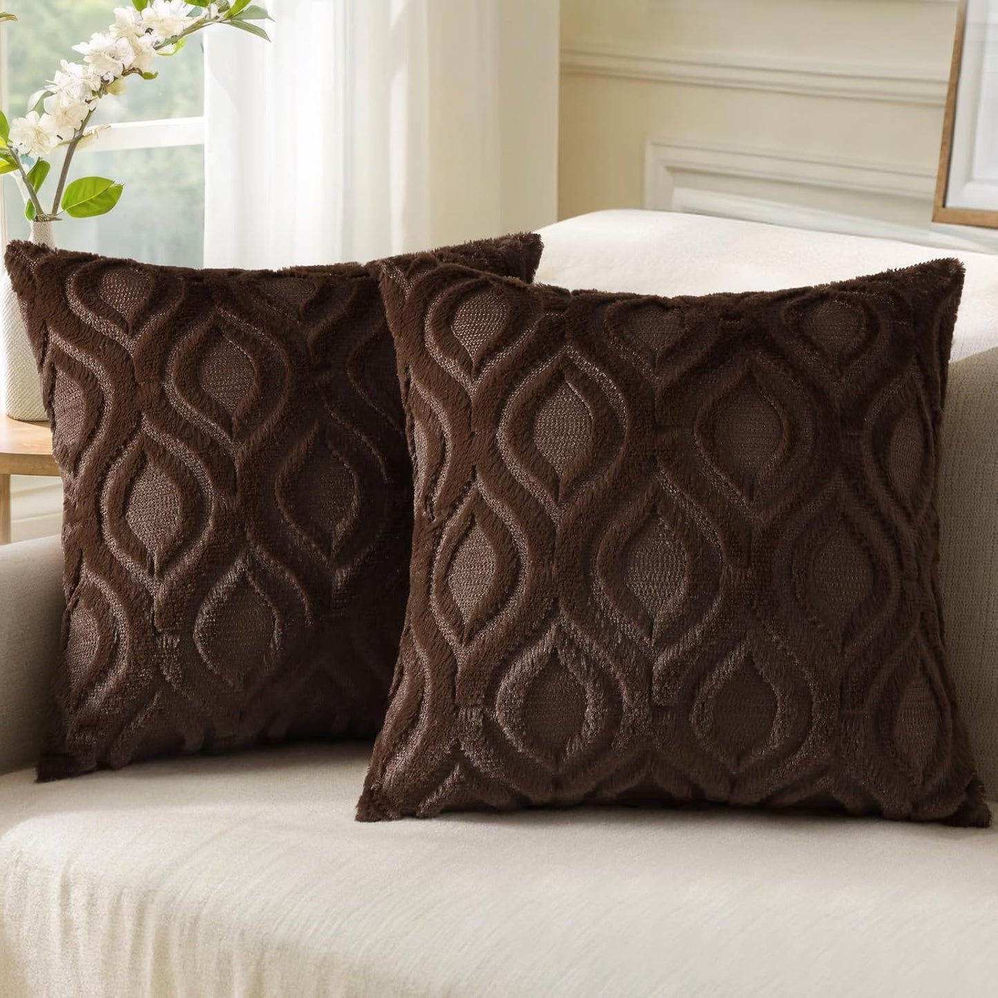 decorUhome Throw Pillow Covers 16x16 Inch Set of 2, Soft Plush Decorative Faux Fur Dark Brown Solid Couch Pillow Covers, Accent Farmhouse Neutral Square Euro Pillow Cases for Sofa Bed Living Room