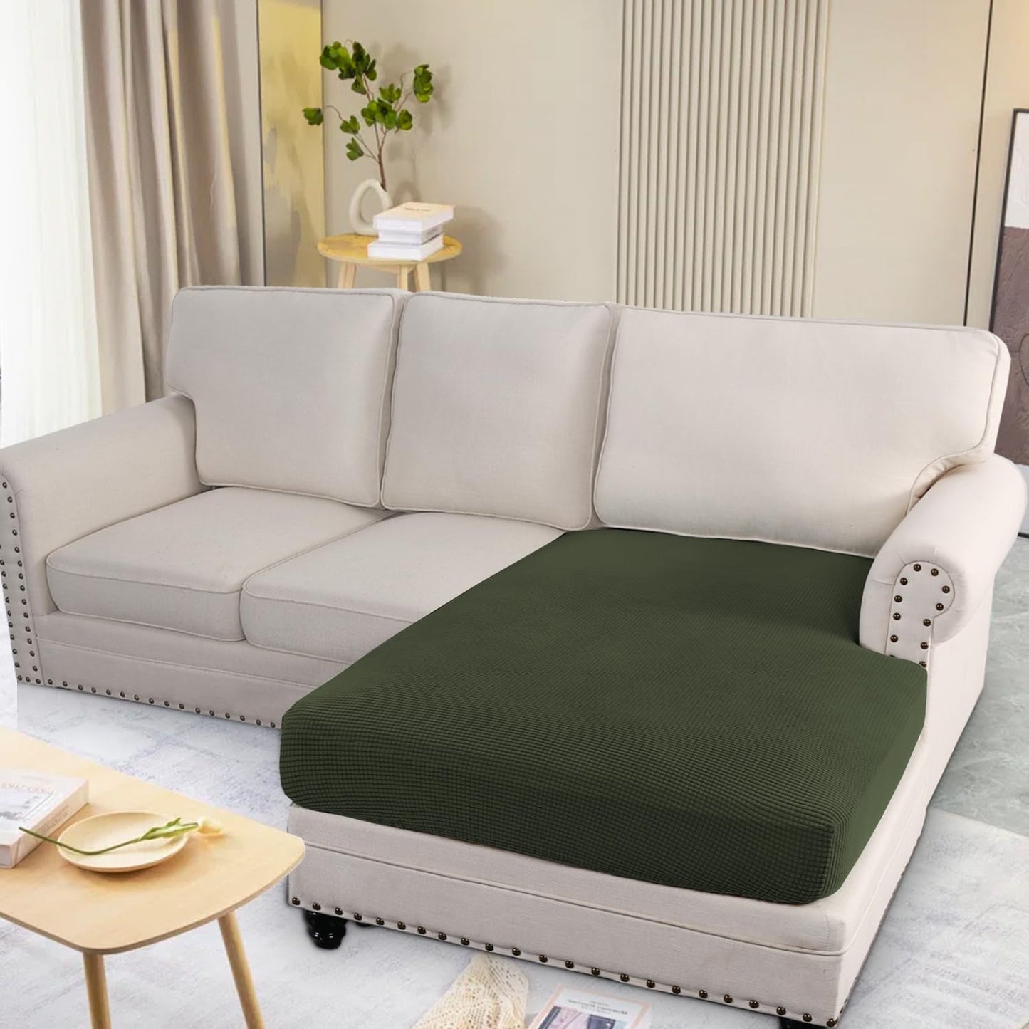 H.VERSAILTEX Super Stretch Individual Chaise Cover Sectional Couch Covers for L Shaped Sofa Both Left/Right Featuring Thick Jacquard Textured Twill Fabric (1 Piece Chaise Cover Large, Olive)