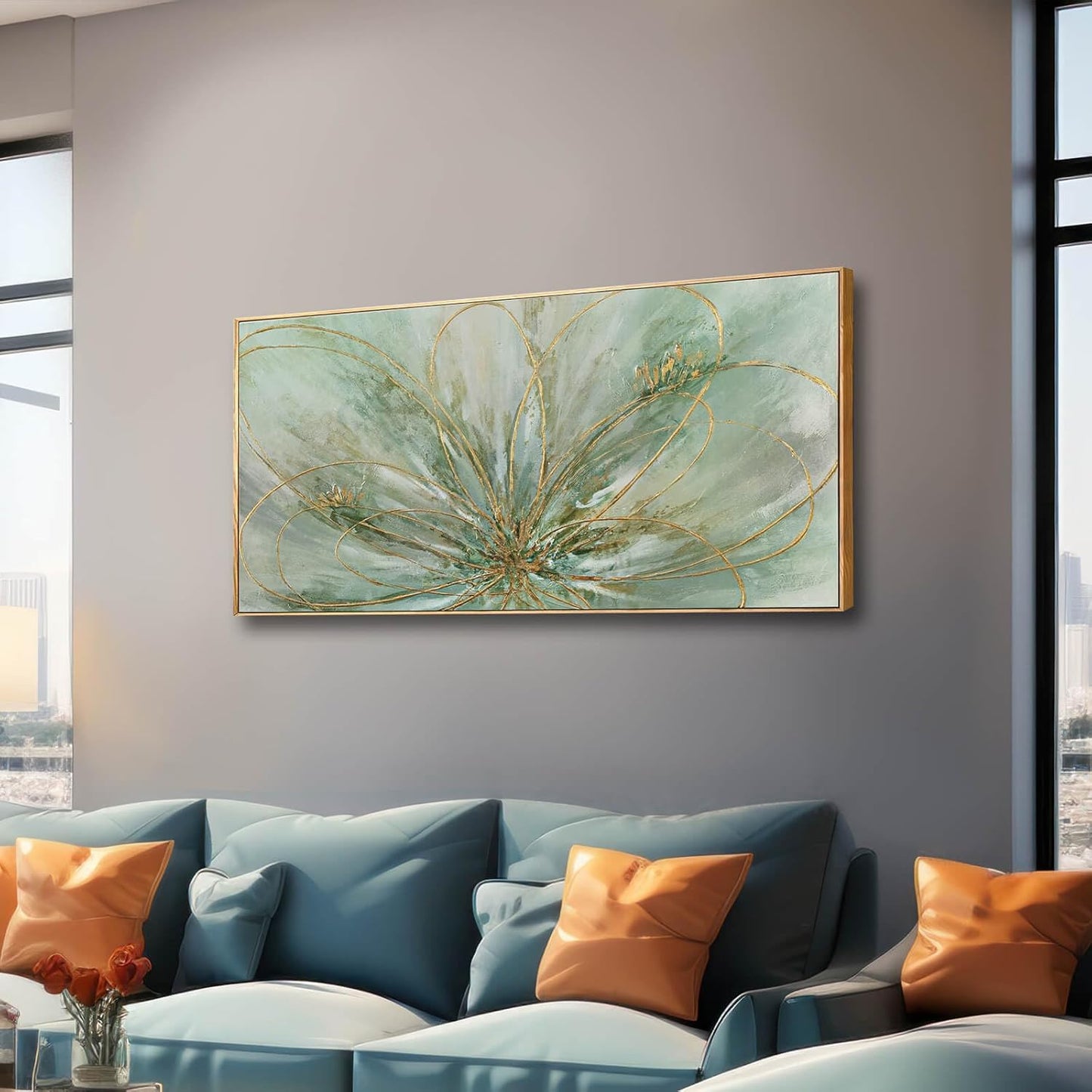 YJYart Green Abstract Canvas Artwork Flowers Wall Decor for Office Line Art Painting 24"x 48" Pictures for Bedroom Dining Room Neutral Wall Art