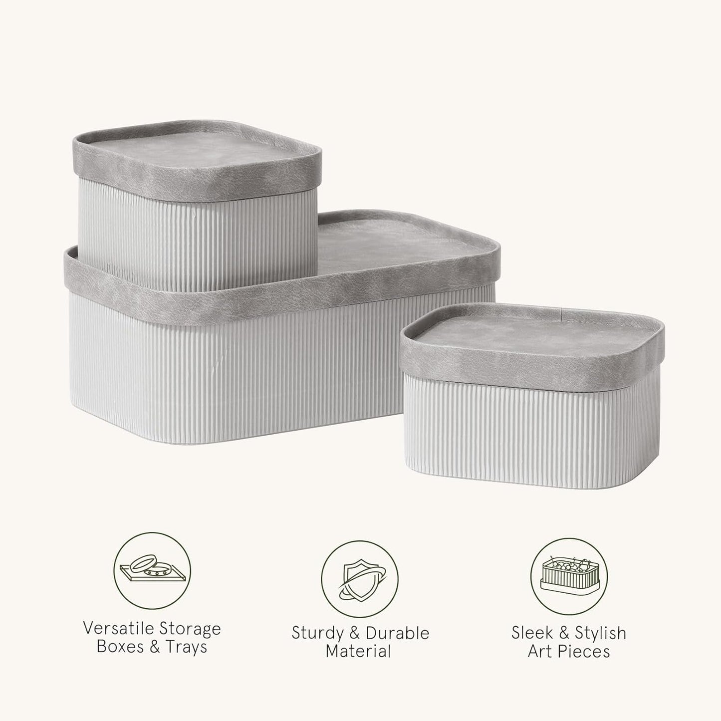 La Jolie Maison Fluted Cardboard Storage Baskets with Vegan Leather Lids, Sturdy Stackable Paper Boxes Decorative Tray, Modern Basket Organizer Bins Bathroom Bedroom Organizing, Storm Grey, Set of 3