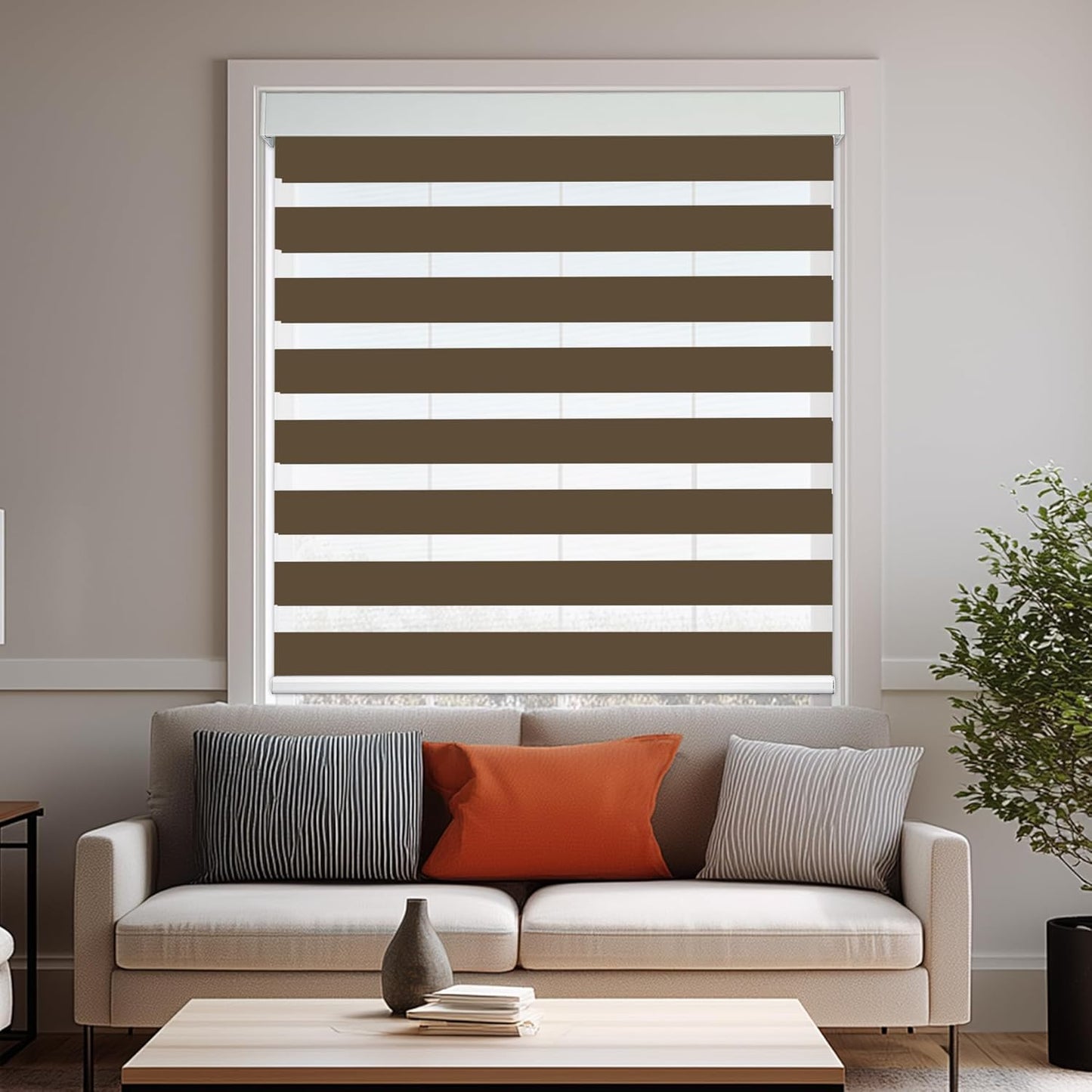 HESTIA Cordless Zebra Blinds Light Filtering Roller Shades UV Blocking Blackout Privacy Indoor Window Shades for Home Office Day and Night, Brown,31" W x 54" H