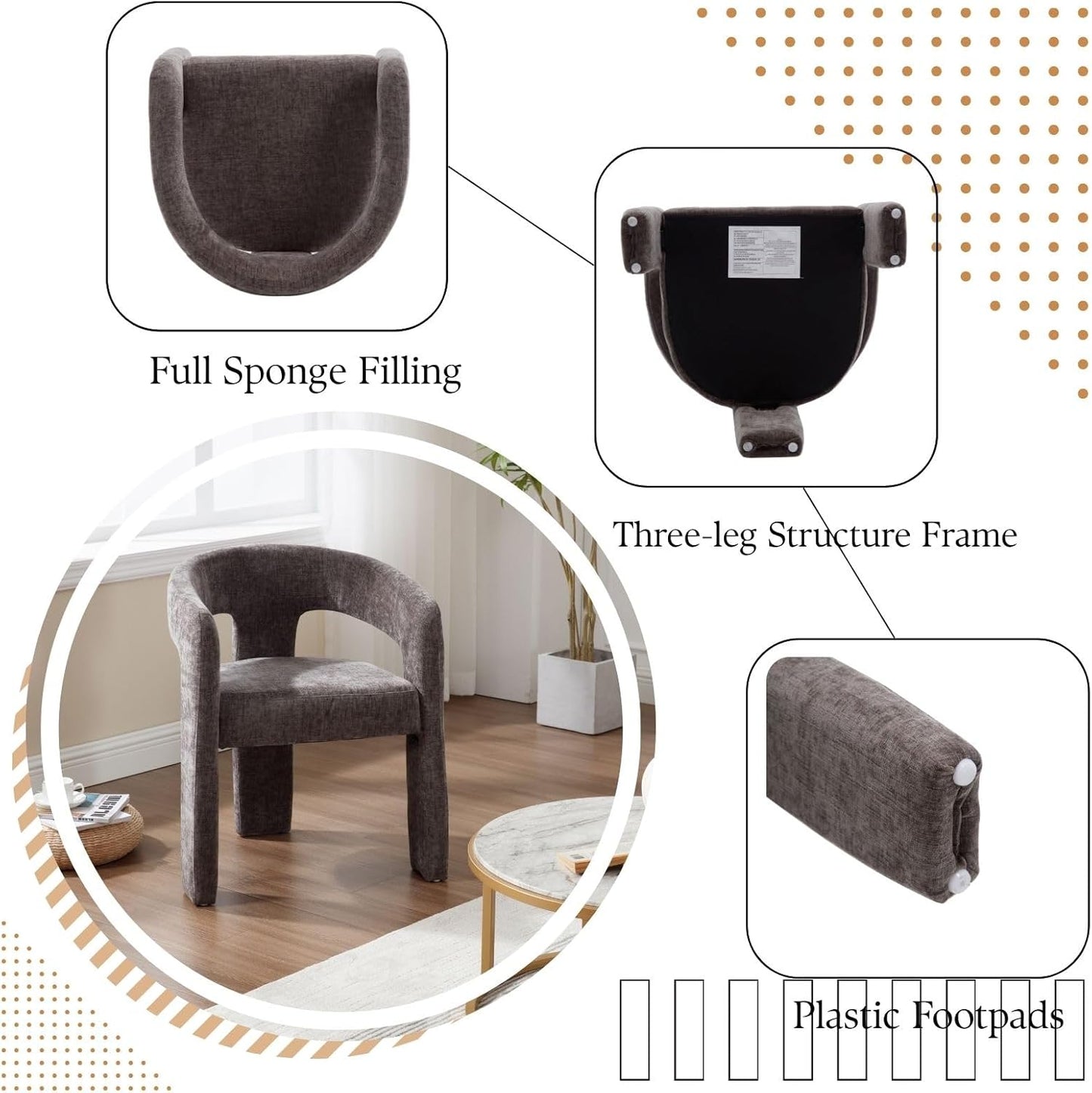 Charcoal Grey Chenille Dining Chairs Set of 4, Modern Barrel Dining Room Chairs Upholstered Accent Chair with Arms and Round Back for Living Room Kitchen Armchair No Assembly Needed