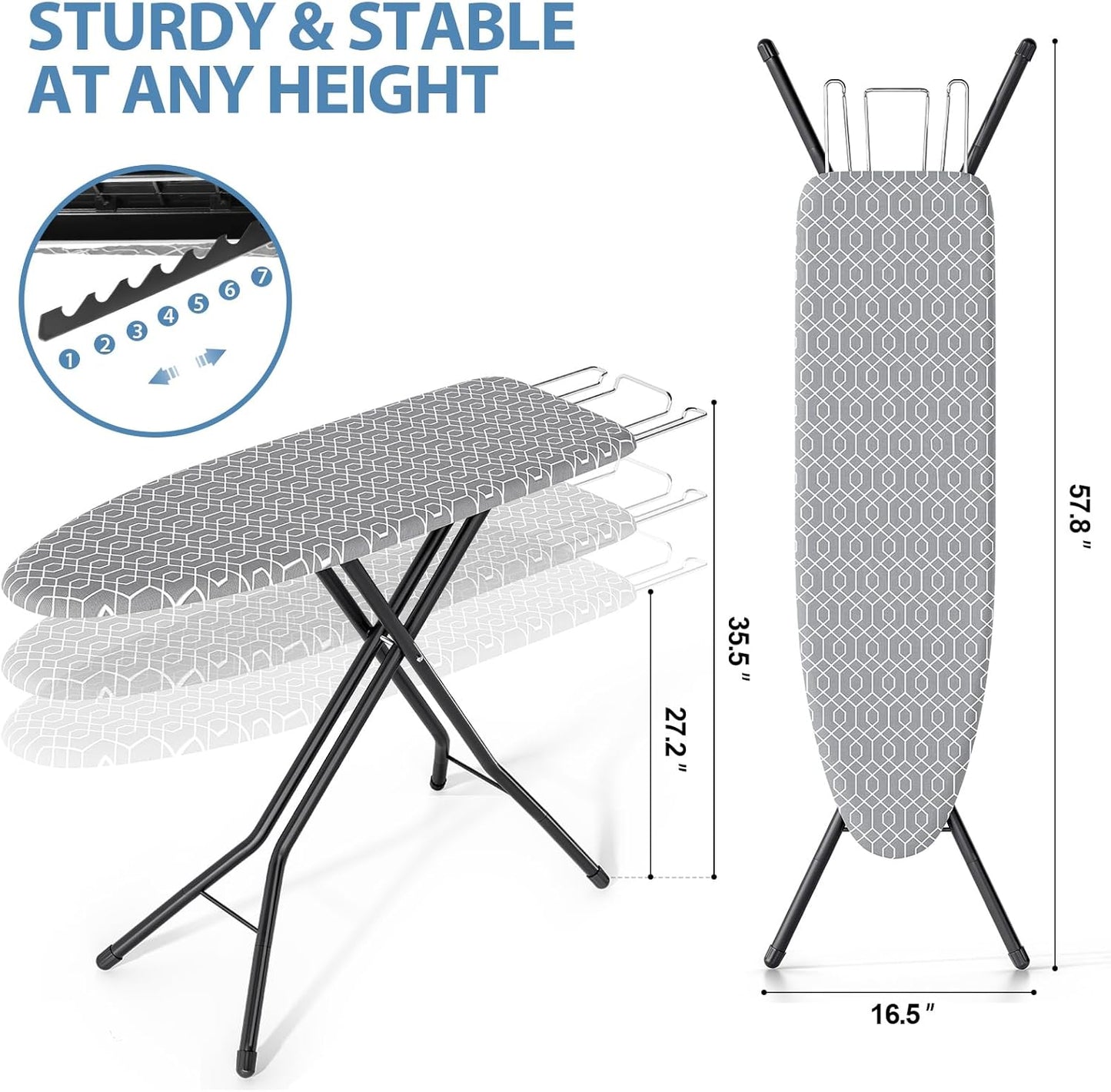 KINGBOARD Ironing Board, Foldable Iron Board with Iron Rest, Compact Ironing Board with Height Adjustable, Extra Thick Heat-Resistant Cover, Heavy-Duty Sturdy Metal Legs, 43x13 Grey