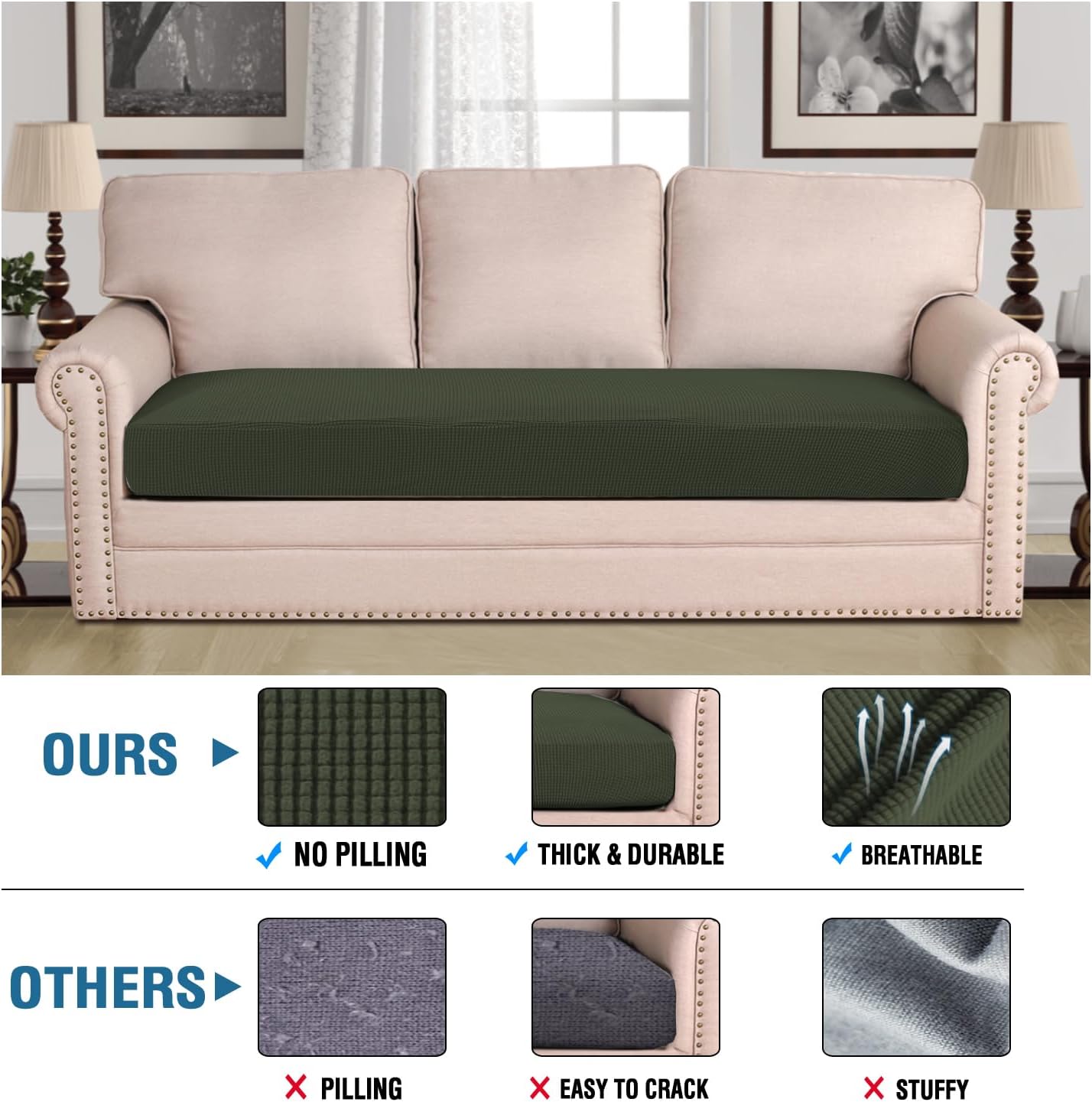 H.VERSAILTEX Super Stretch Individual Seat Cushion Covers Sofa Covers Couch Cushion Covers Slipcover Sets Thick Jacquard Textured Twill Fabric (1 Piece Sofa Cushion Cover, Olive)