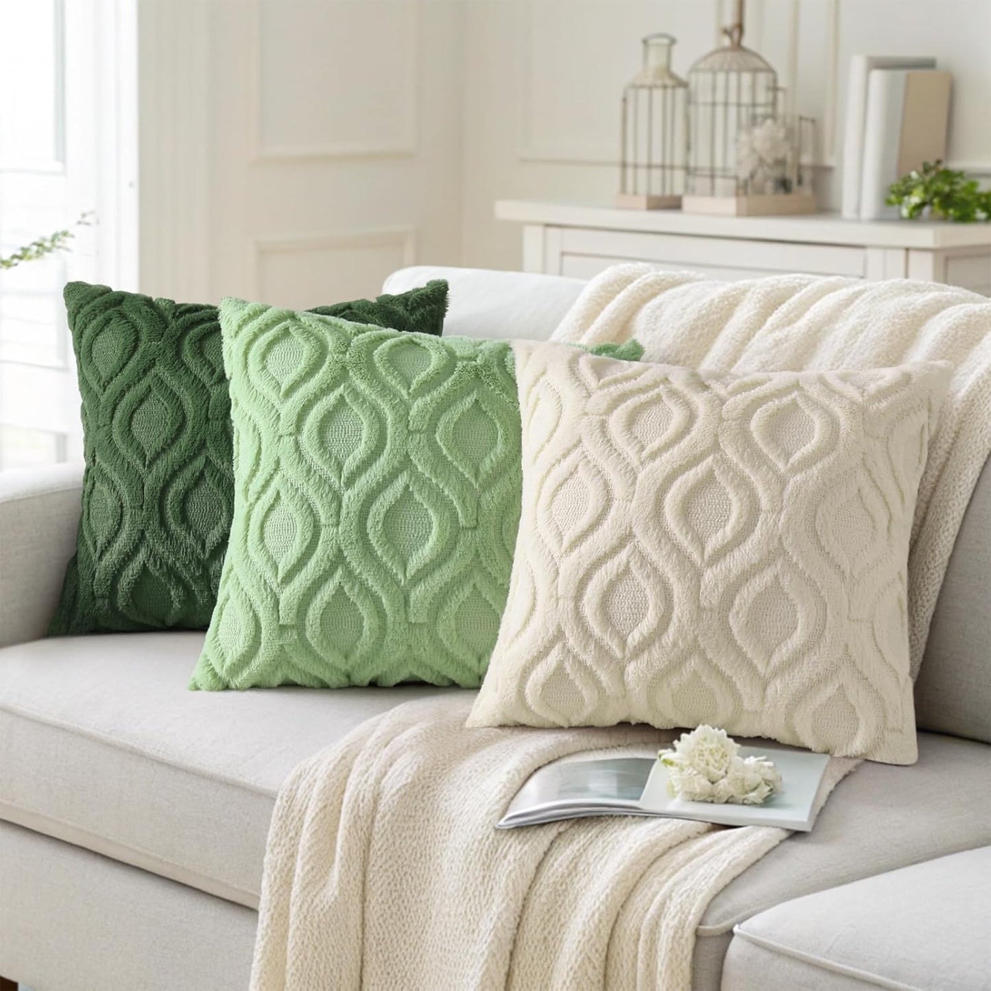 decorUhome Throw Pillow Covers 16x16 Inch Set of 2, Soft Plush Decorative Faux Fur Sage Green Solid Couch Pillow Covers, Accent Farmhouse Neutral Square Euro Pillow Cases for Sofa Bed Living Room